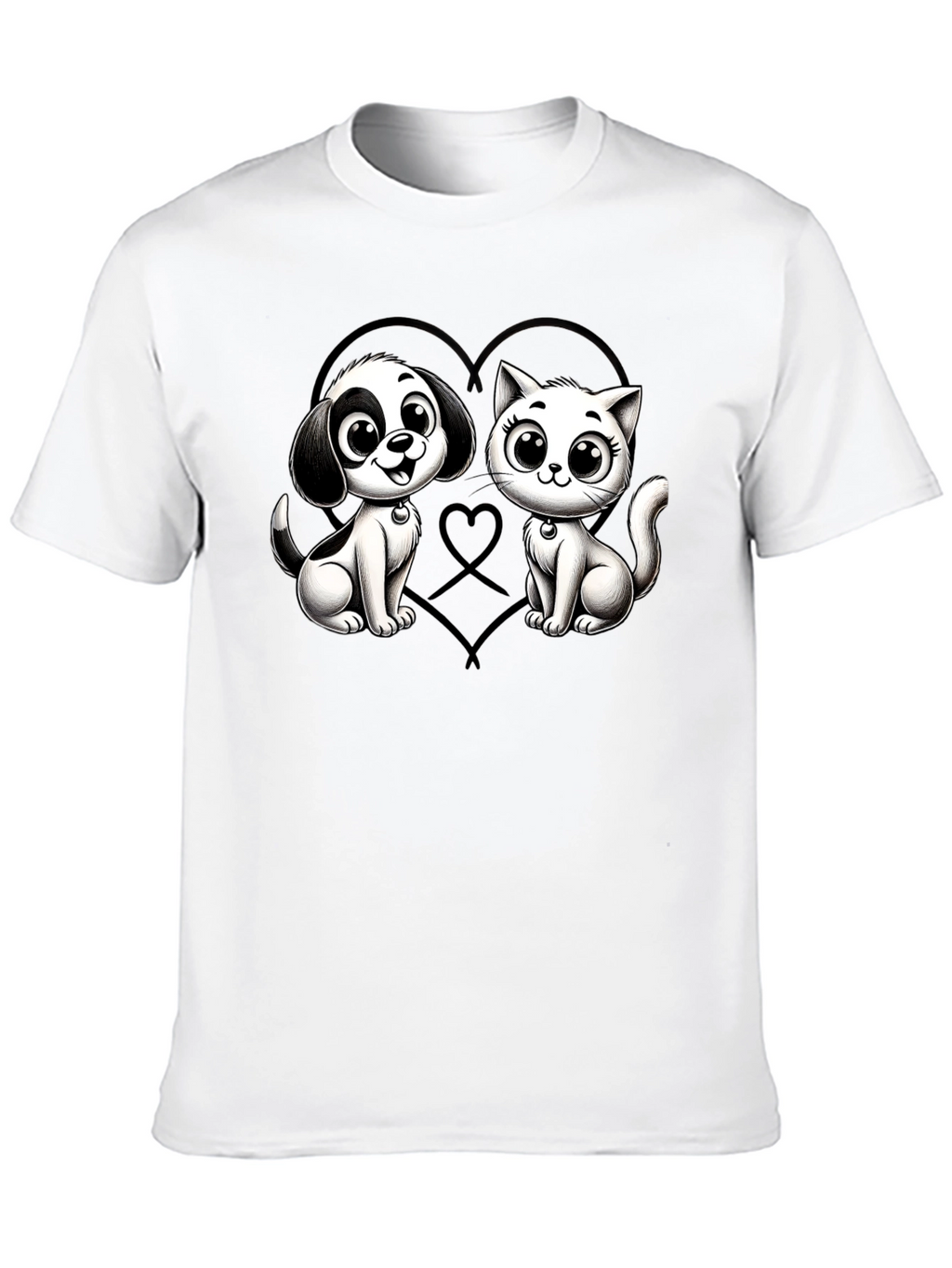 Cartoon Cat and Dog Graphic Black T-Shirt