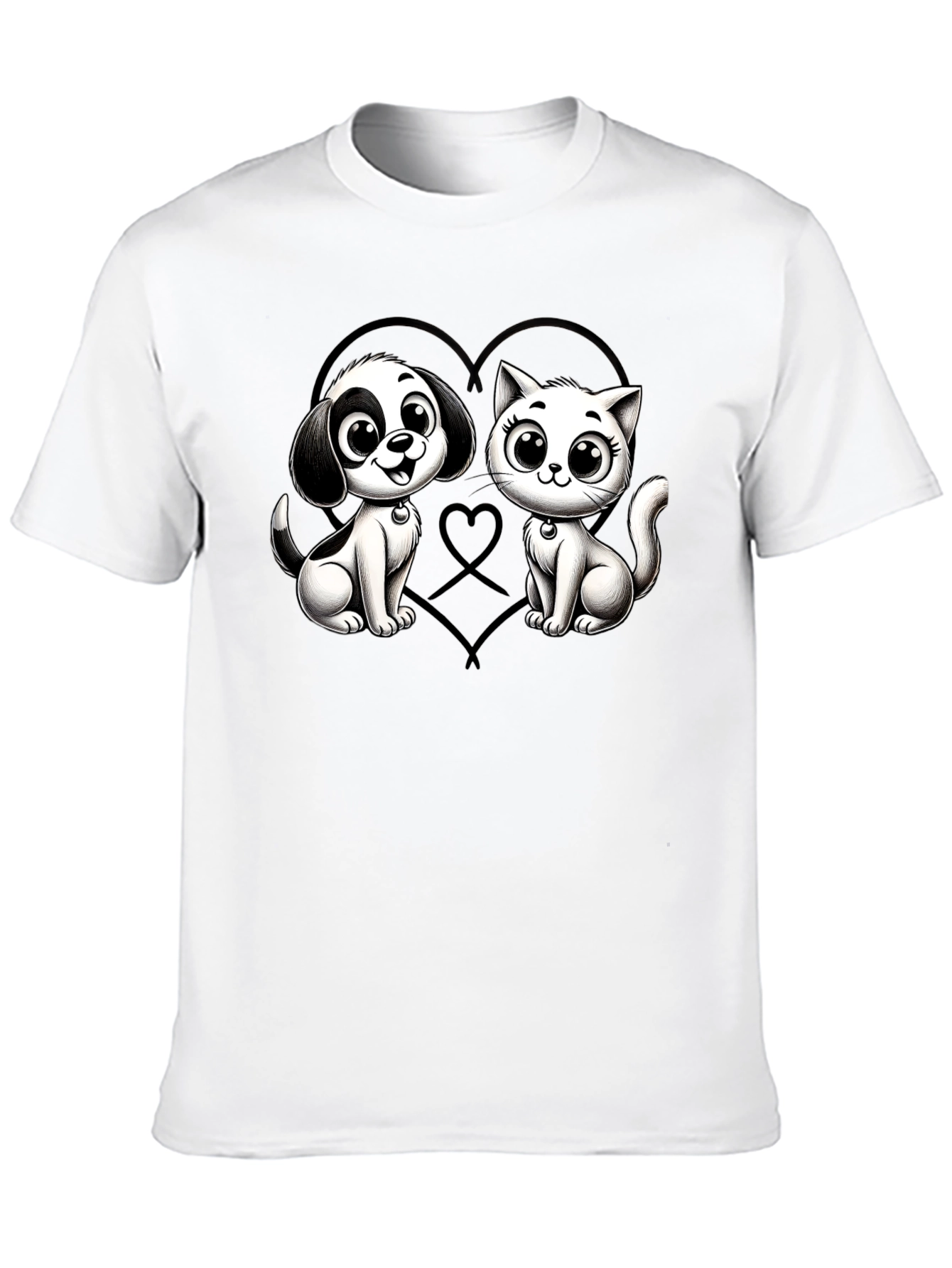 Cartoon Cat and Dog Graphic Black T-Shirt