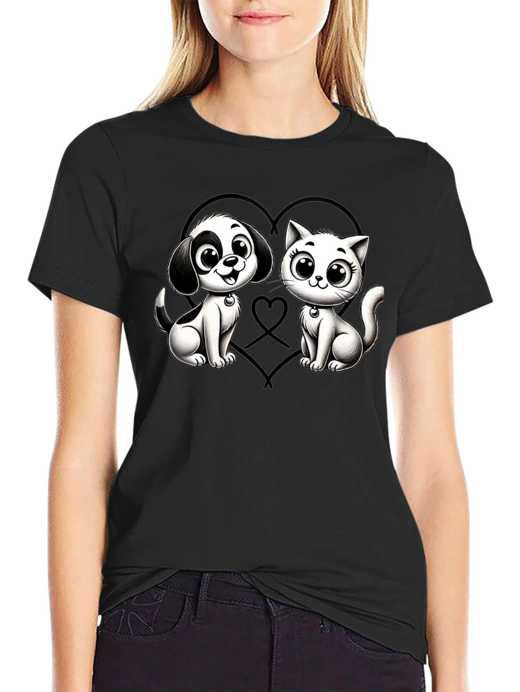 Cartoon Cat and Dog Graphic Black T-Shirt