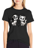 Cartoon Cat and Dog Graphic Black T-Shirt