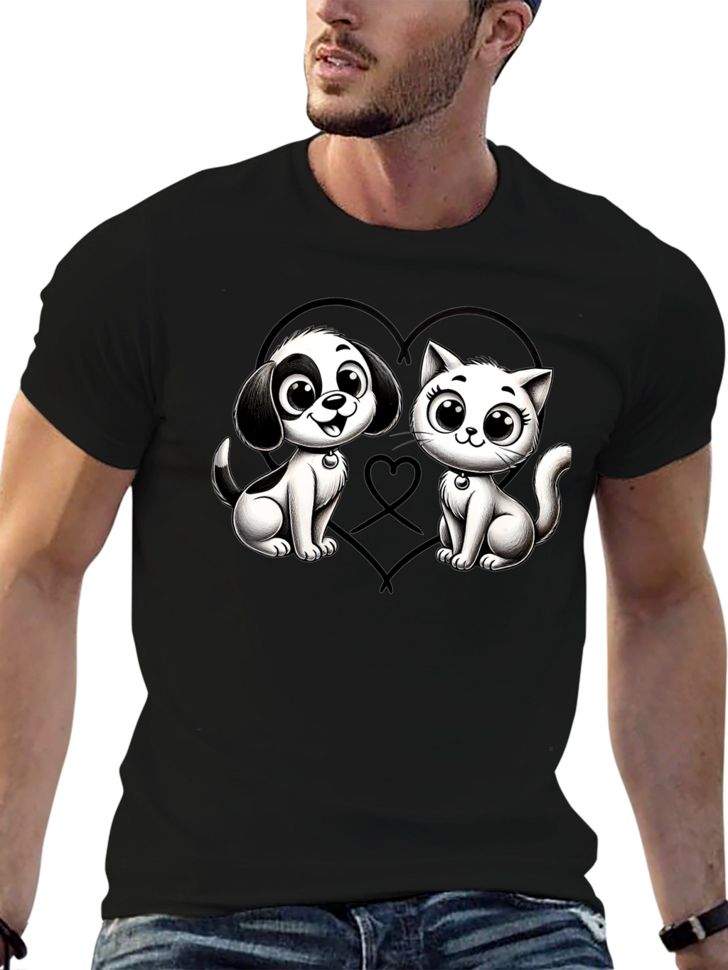 Cartoon Cat and Dog Graphic Black T-Shirt