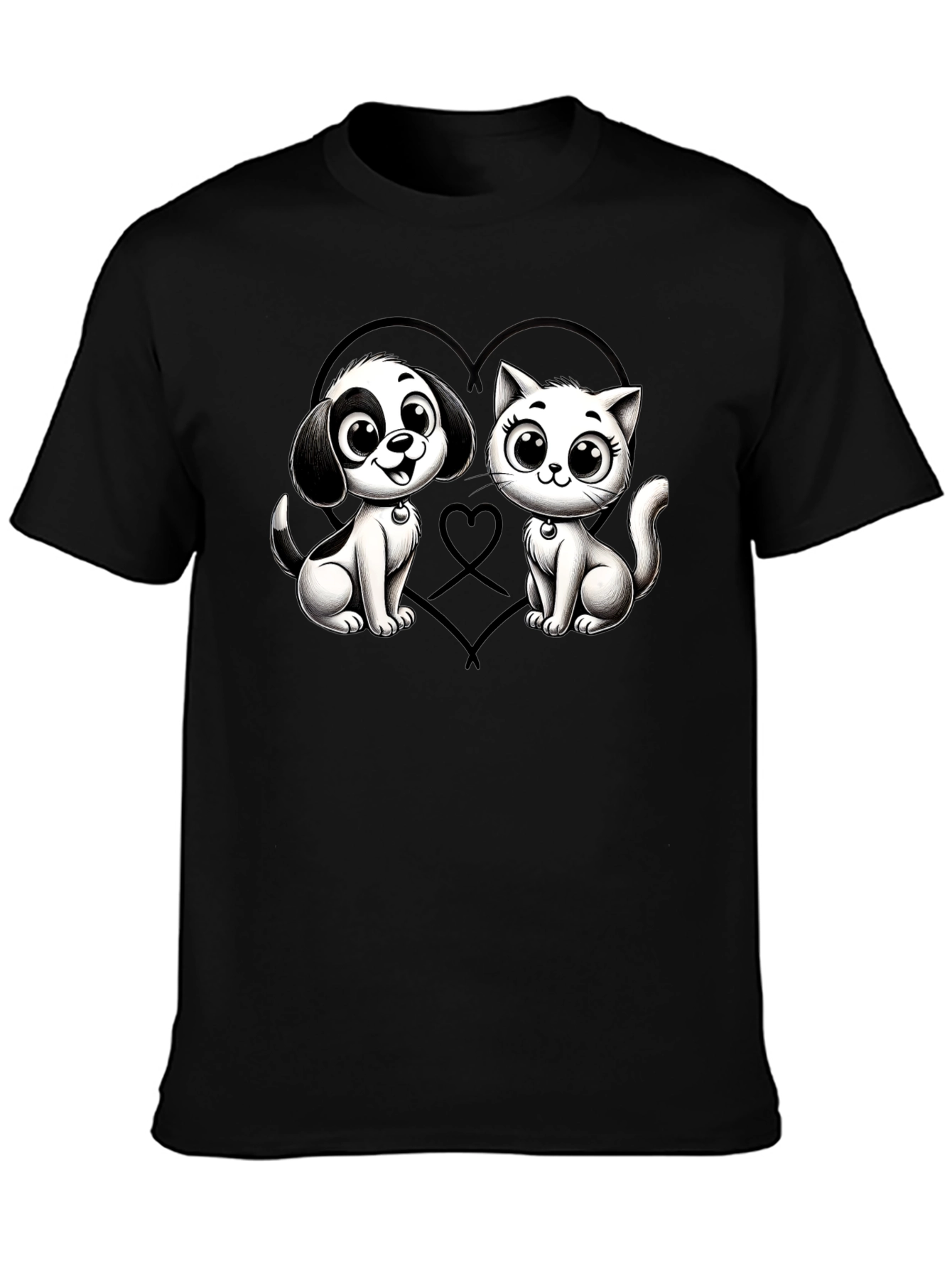 Cartoon Cat and Dog Graphic Black T-Shirt