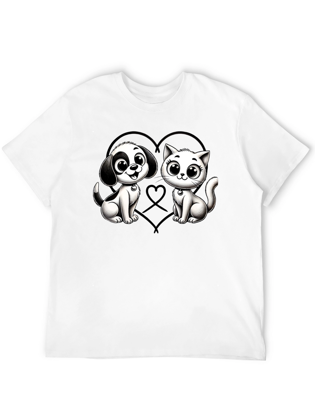 Cartoon Cat and Dog Graphic Black T-Shirt