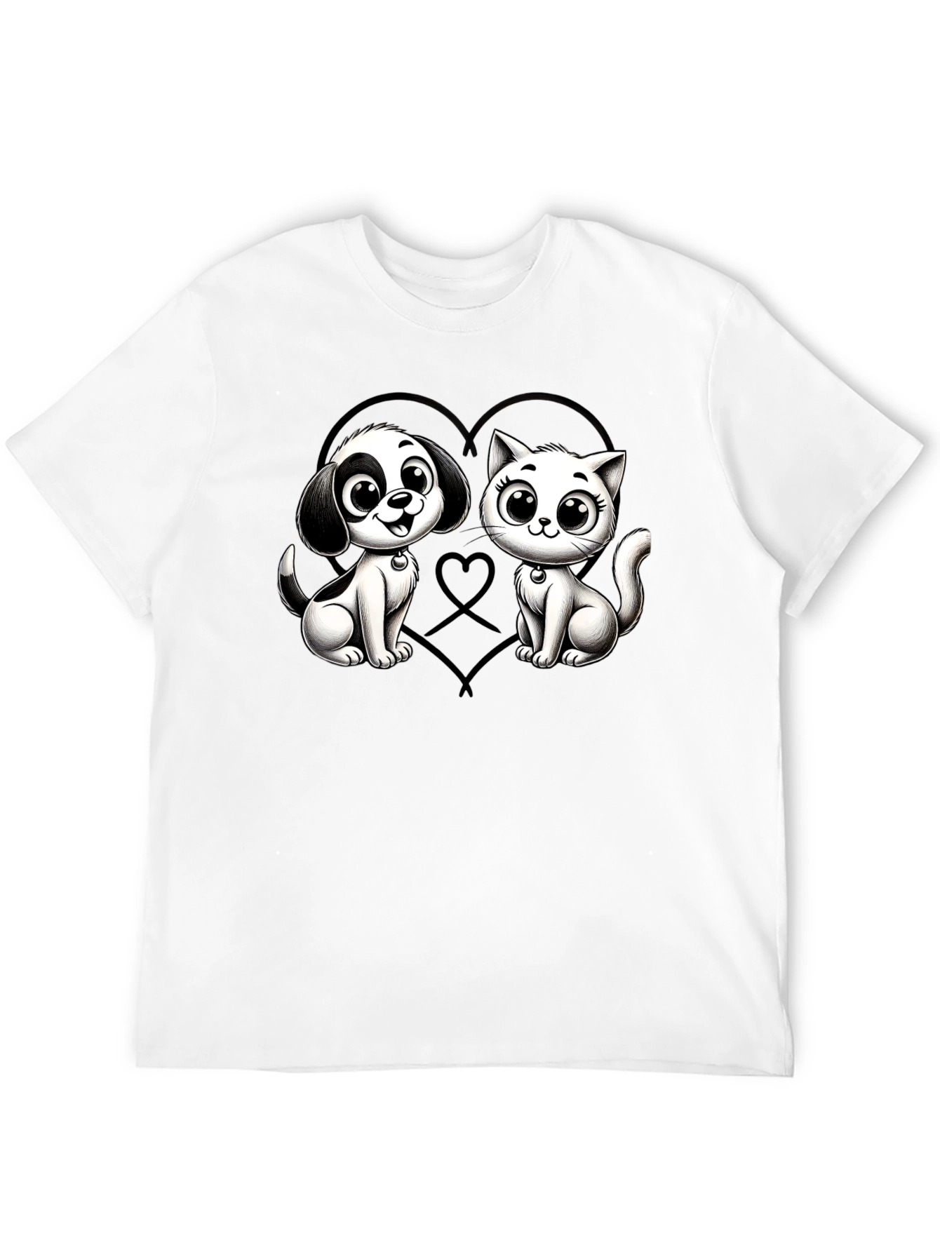 Cartoon Cat and Dog Graphic Black T-Shirt