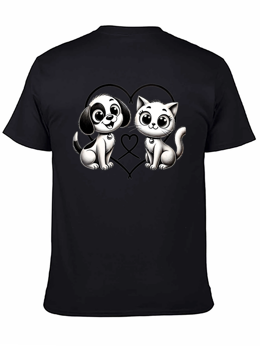 Cartoon Cat and Dog Graphic Black T-Shirt