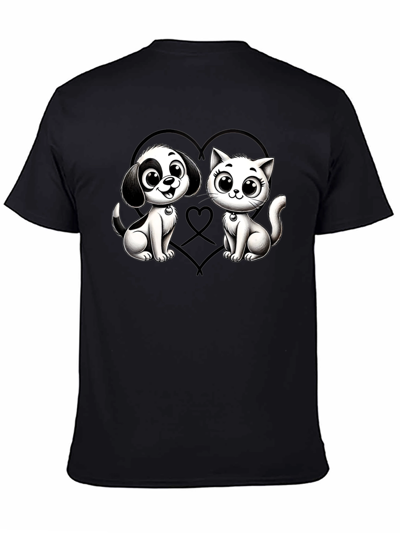 Cartoon Cat and Dog Graphic Black T-Shirt