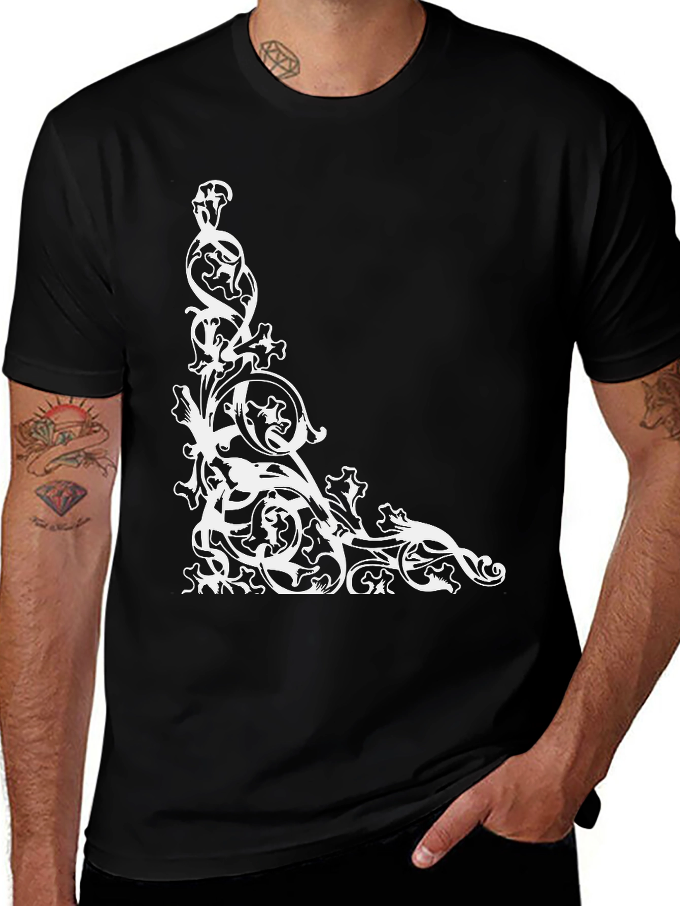 Elegant Black Tee with Ornate Corner Design