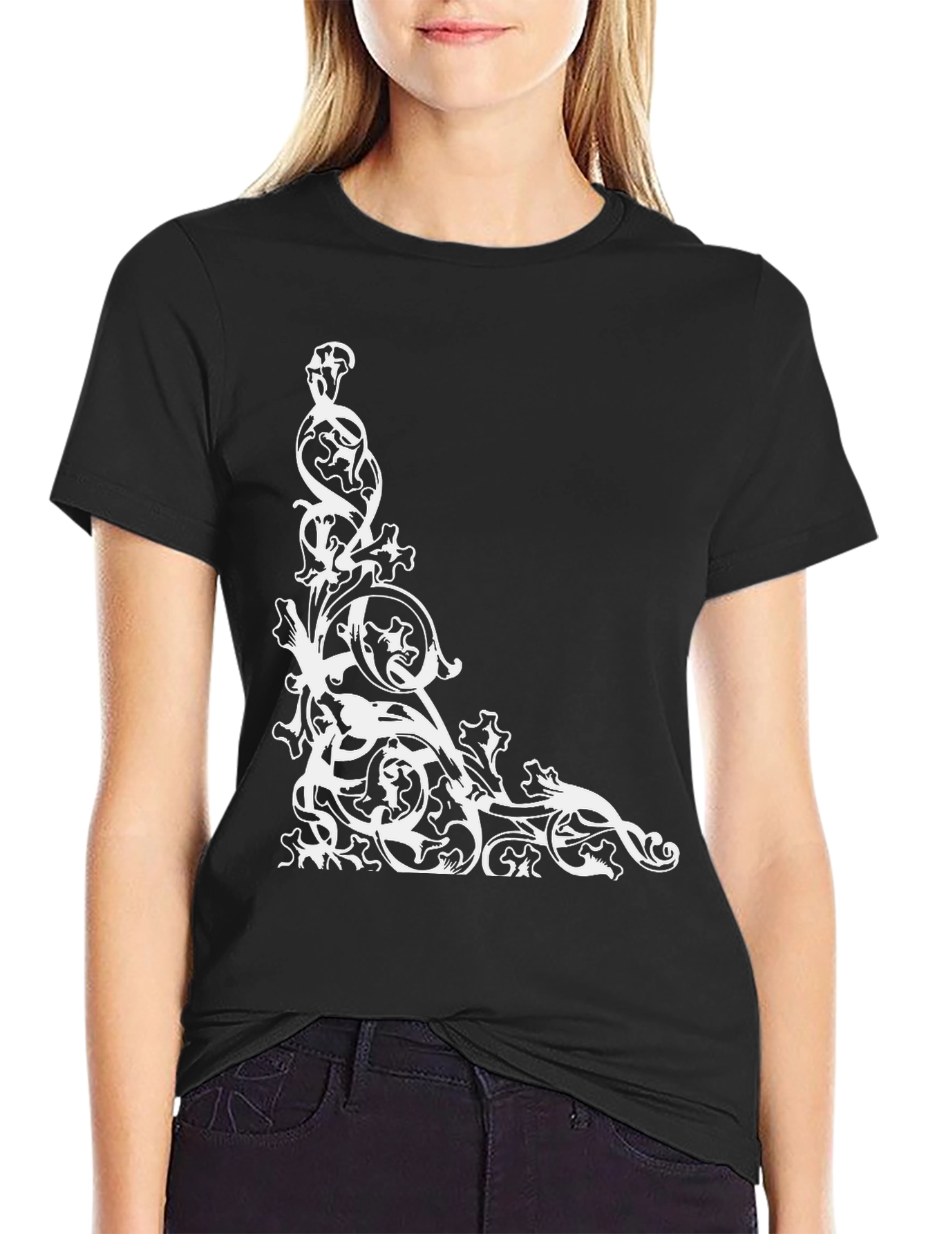 Elegant Black Tee with Ornate Corner Design