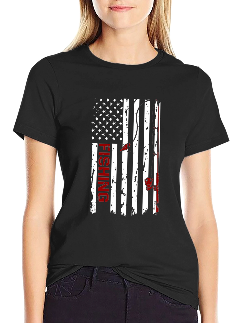 Fishing USA Flag Graphic Print Crew Neck T-Shirt