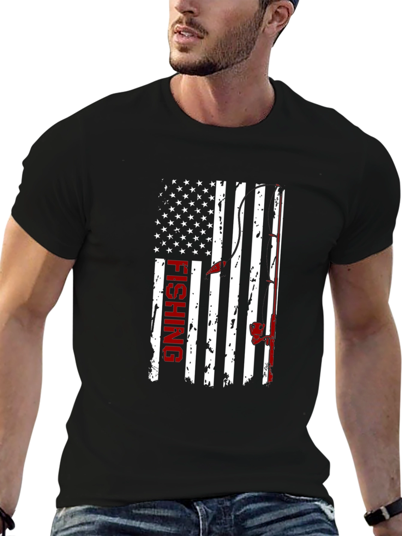 Fishing USA Flag Graphic Print Crew Neck T-Shirt