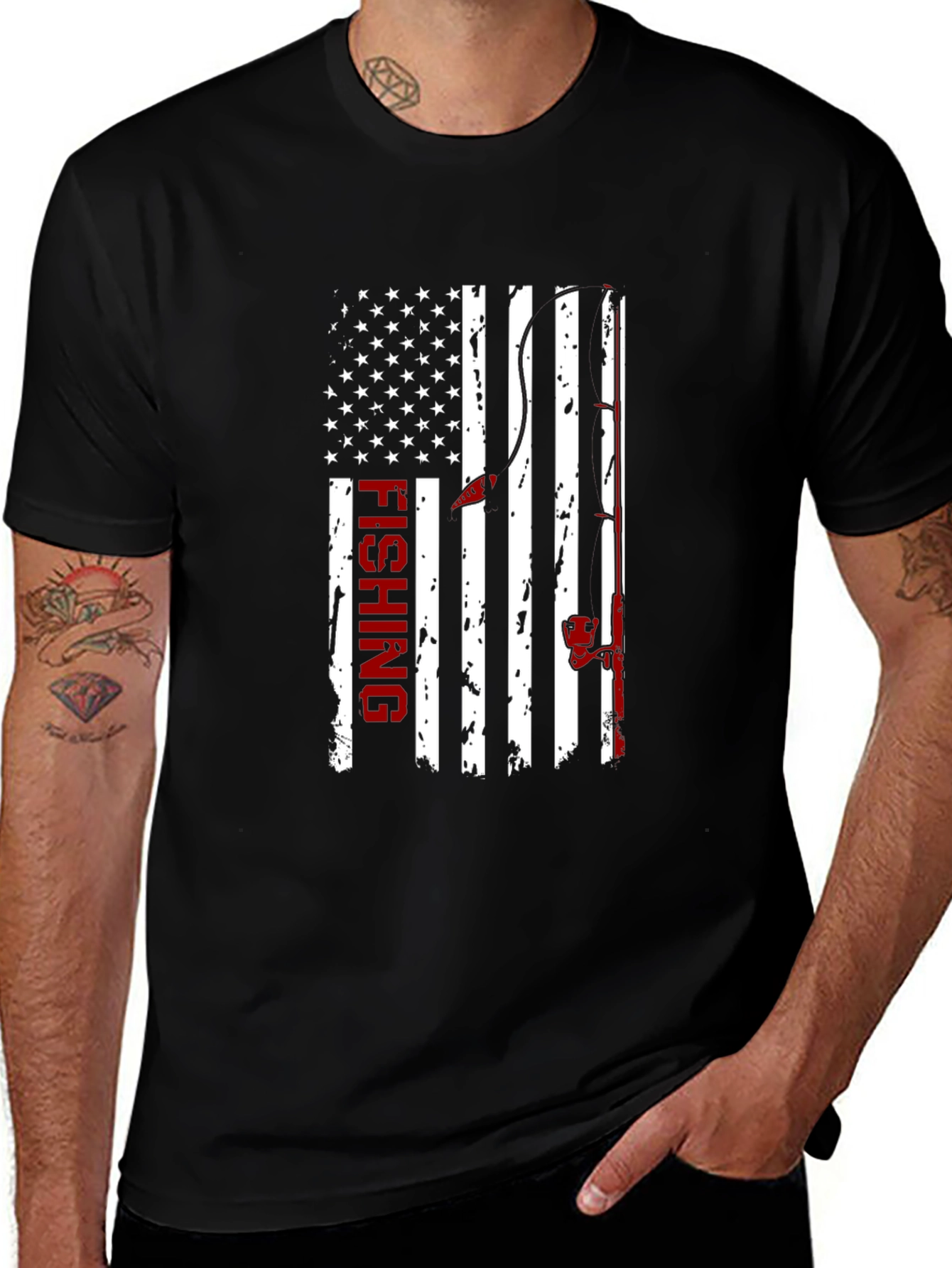 Fishing USA Flag Graphic Print Crew Neck T-Shirt
