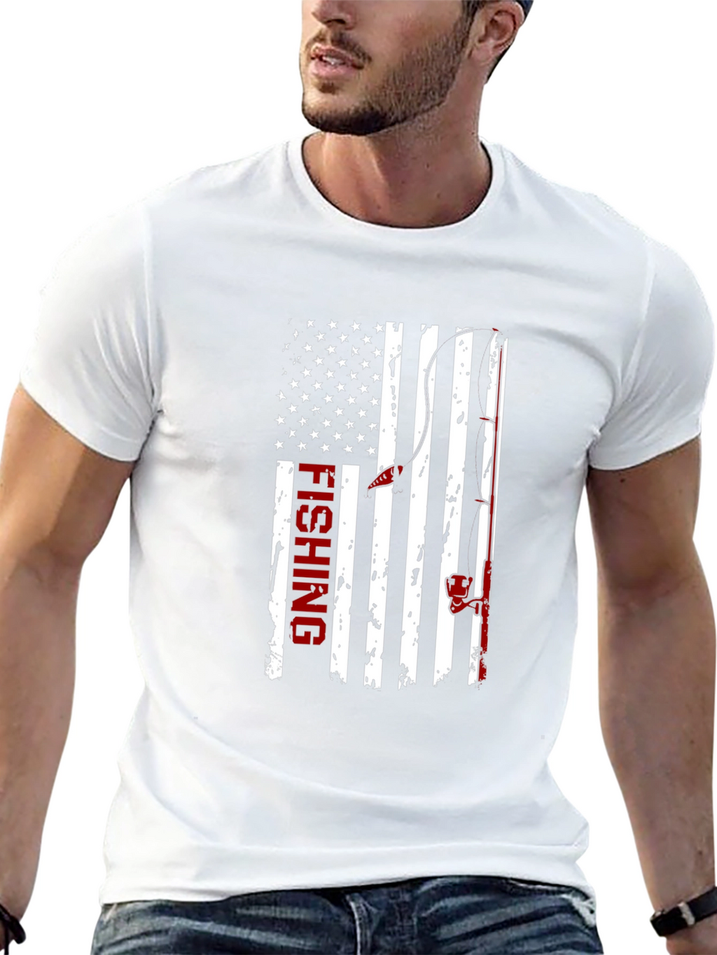 Fishing USA Flag Graphic Print Crew Neck T-Shirt
