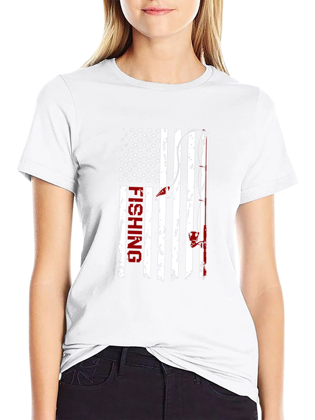 Fishing USA Flag Graphic Print Crew Neck T-Shirt