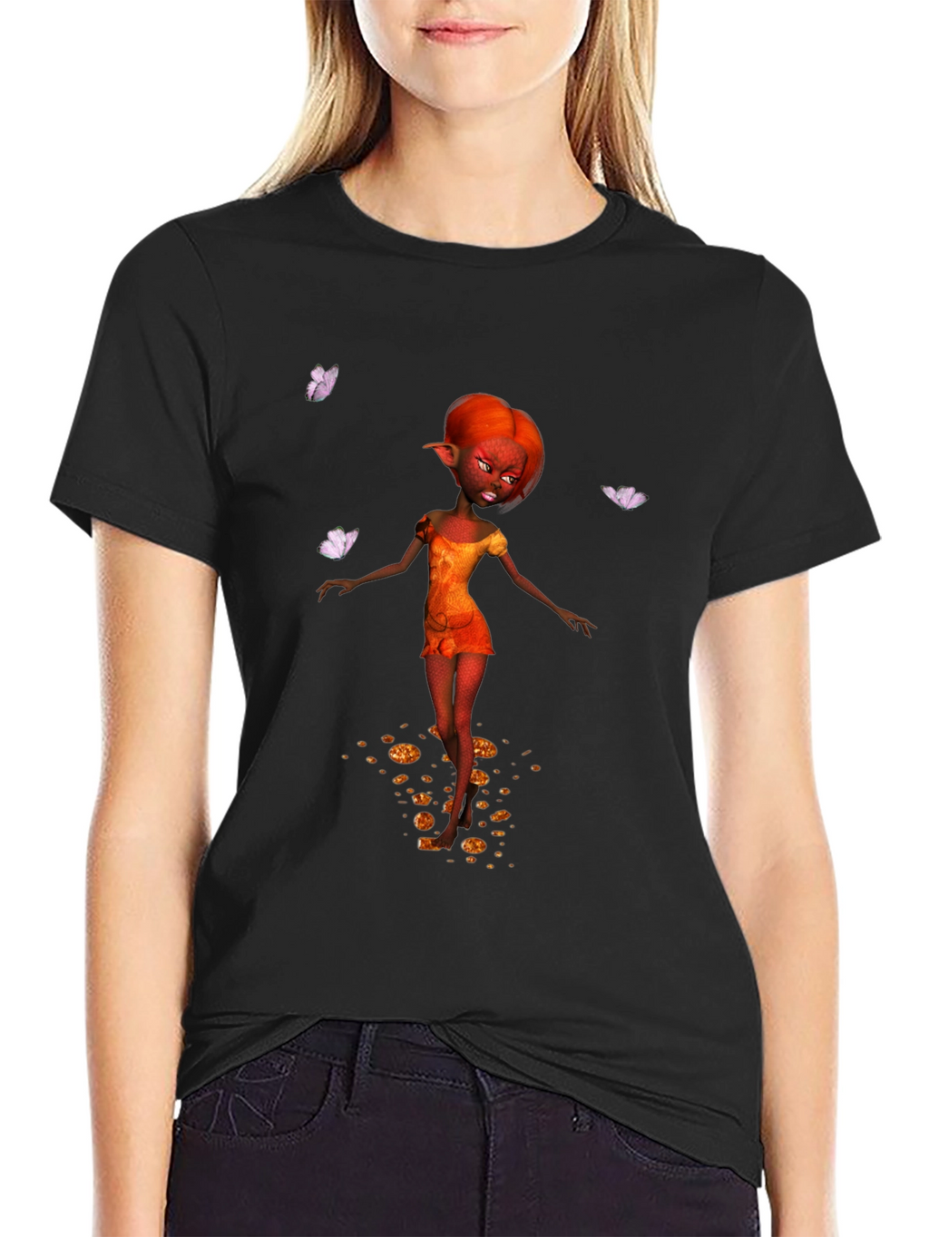 Fantasy Fairy Graphic Tee - Black Cotton Casual Wear