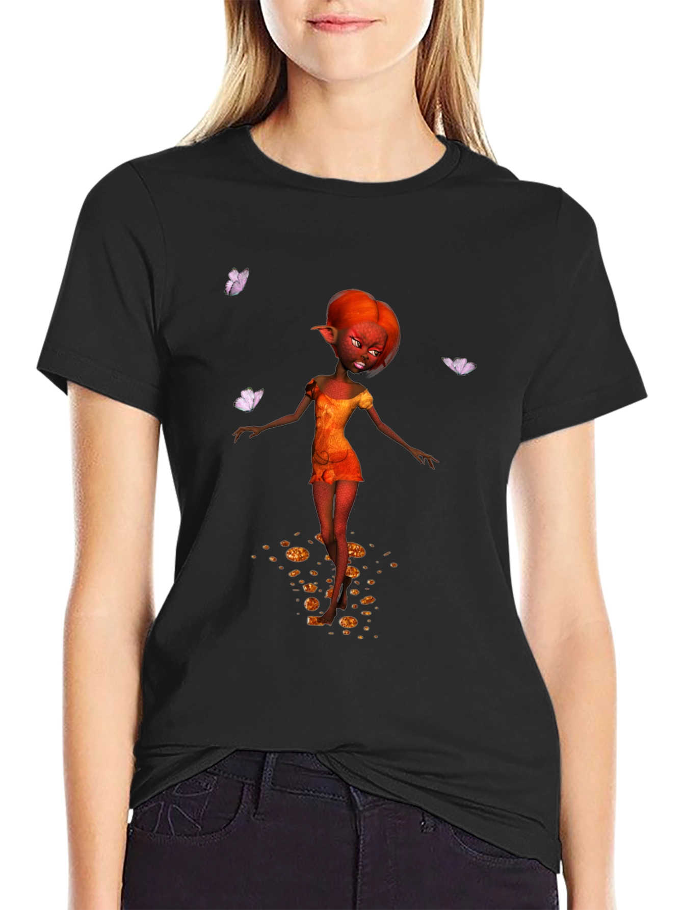 Fantasy Fairy Graphic Tee - Black Cotton Casual Wear