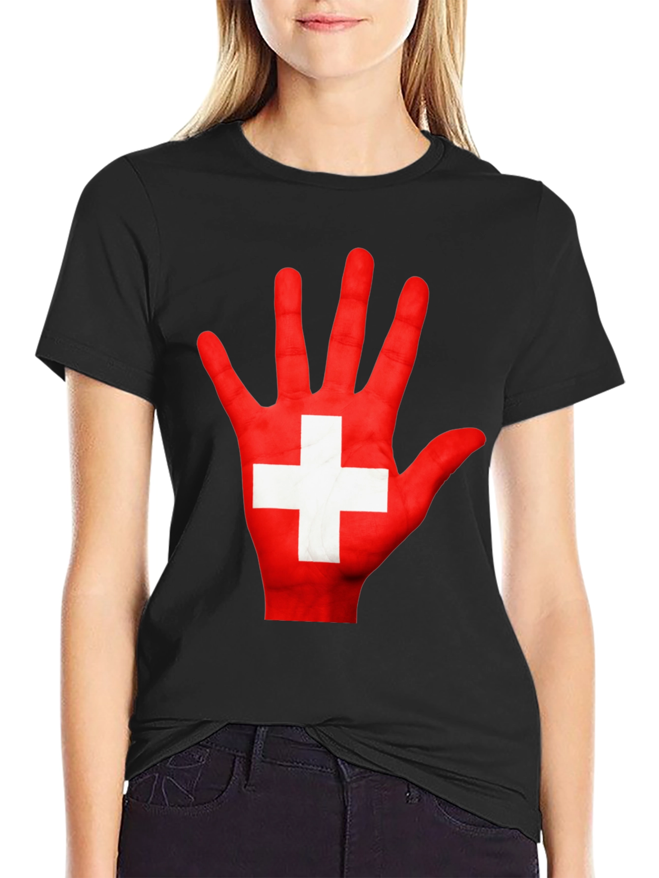 Swiss Flag Hand Print Graphic T-Shirt