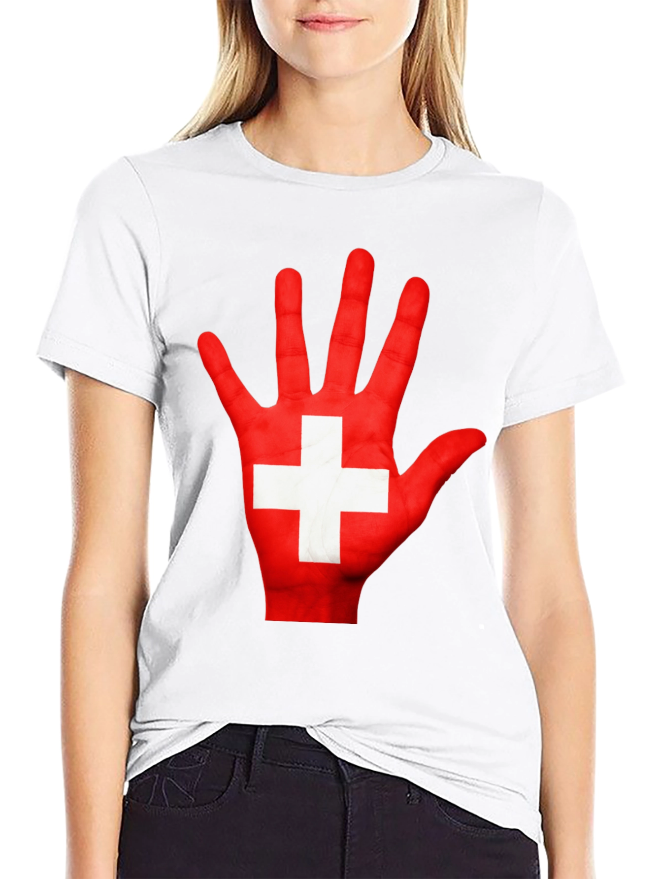 Swiss Flag Hand Print Graphic T-Shirt
