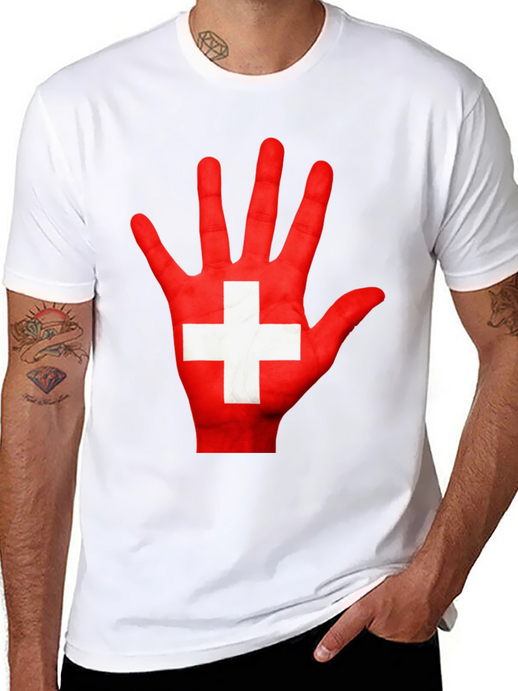 Swiss Flag Hand Print Graphic T-Shirt
