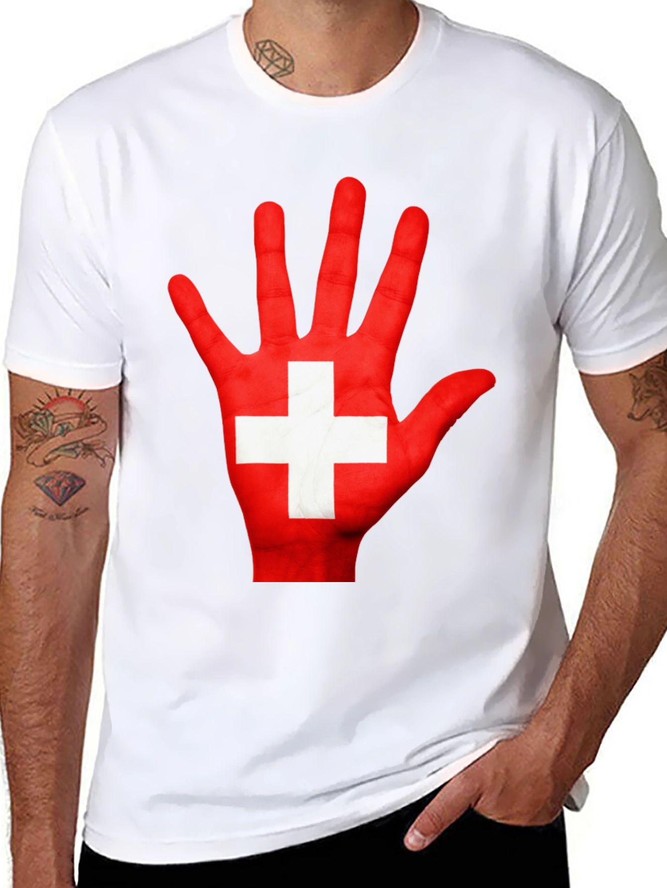 Swiss Flag Hand Print Graphic T-Shirt