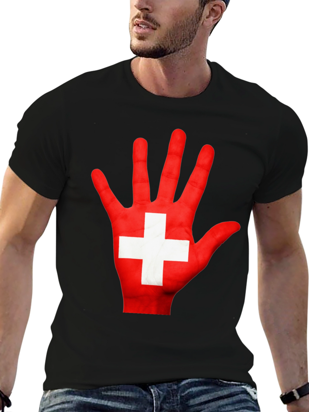 Swiss Flag Hand Print Graphic T-Shirt