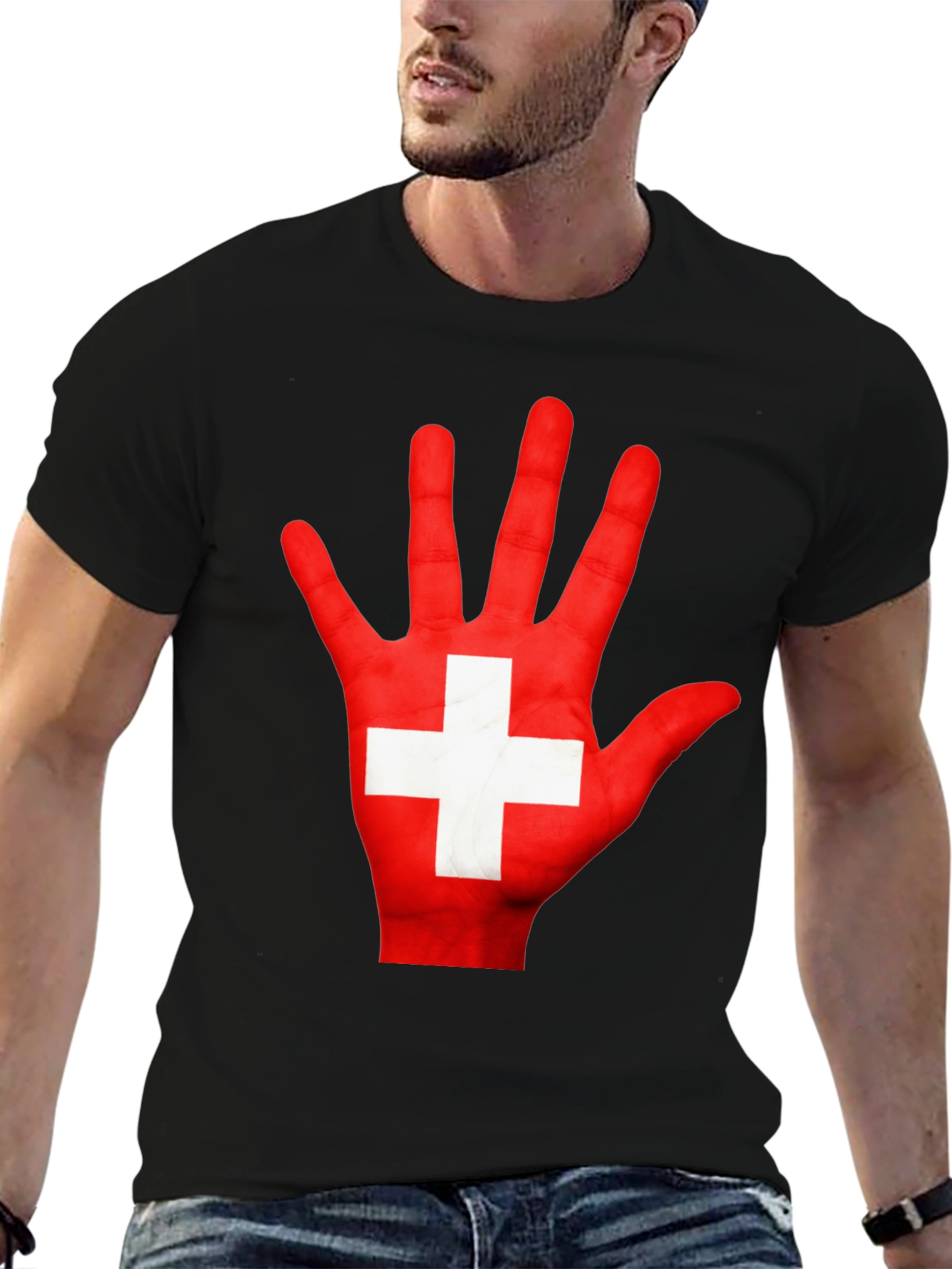 Swiss Flag Hand Print Graphic T-Shirt