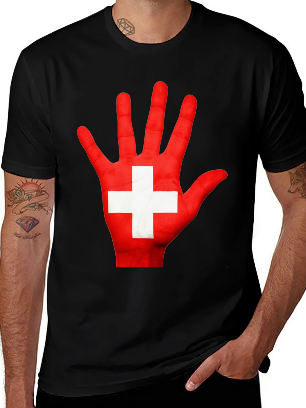 Swiss Flag Hand Print Graphic T-Shirt