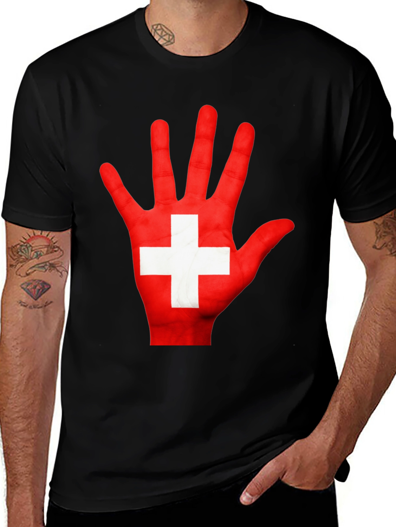 Swiss Flag Hand Print Graphic T-Shirt