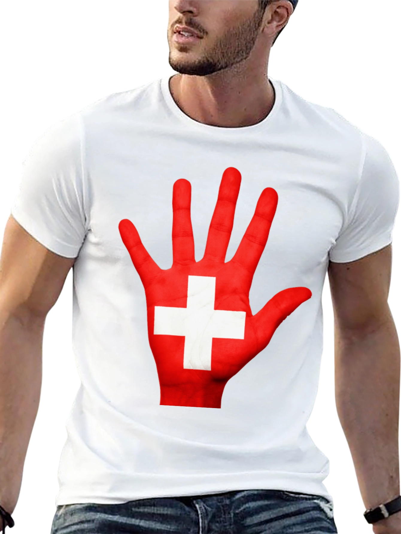 Swiss Flag Hand Print Graphic T-Shirt