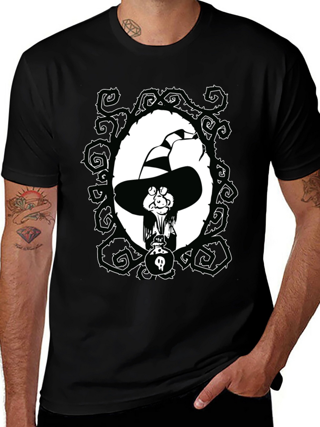 Witch Cartoon Graphic Black T-Shirt