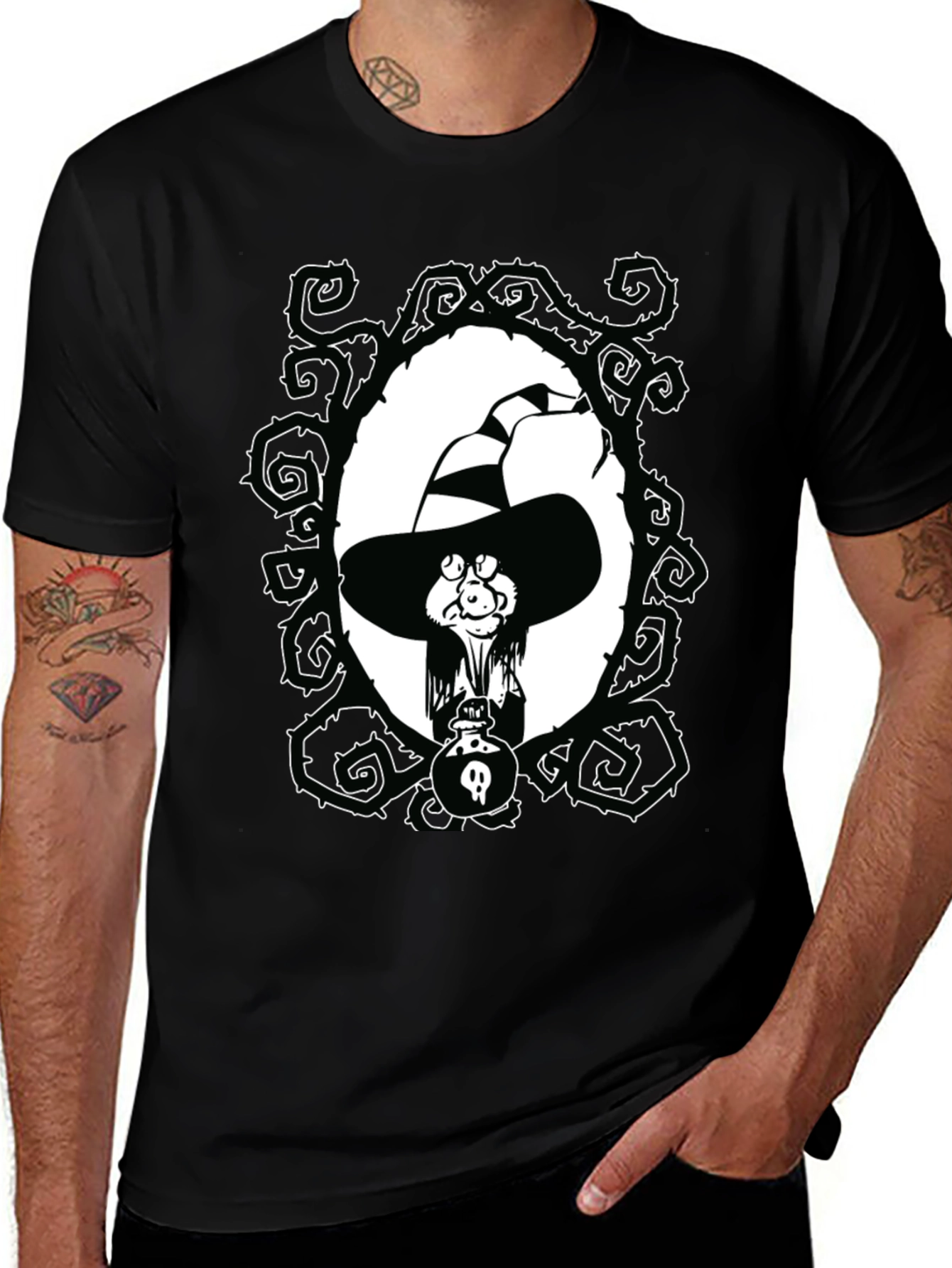 Witch Cartoon Graphic Black T-Shirt