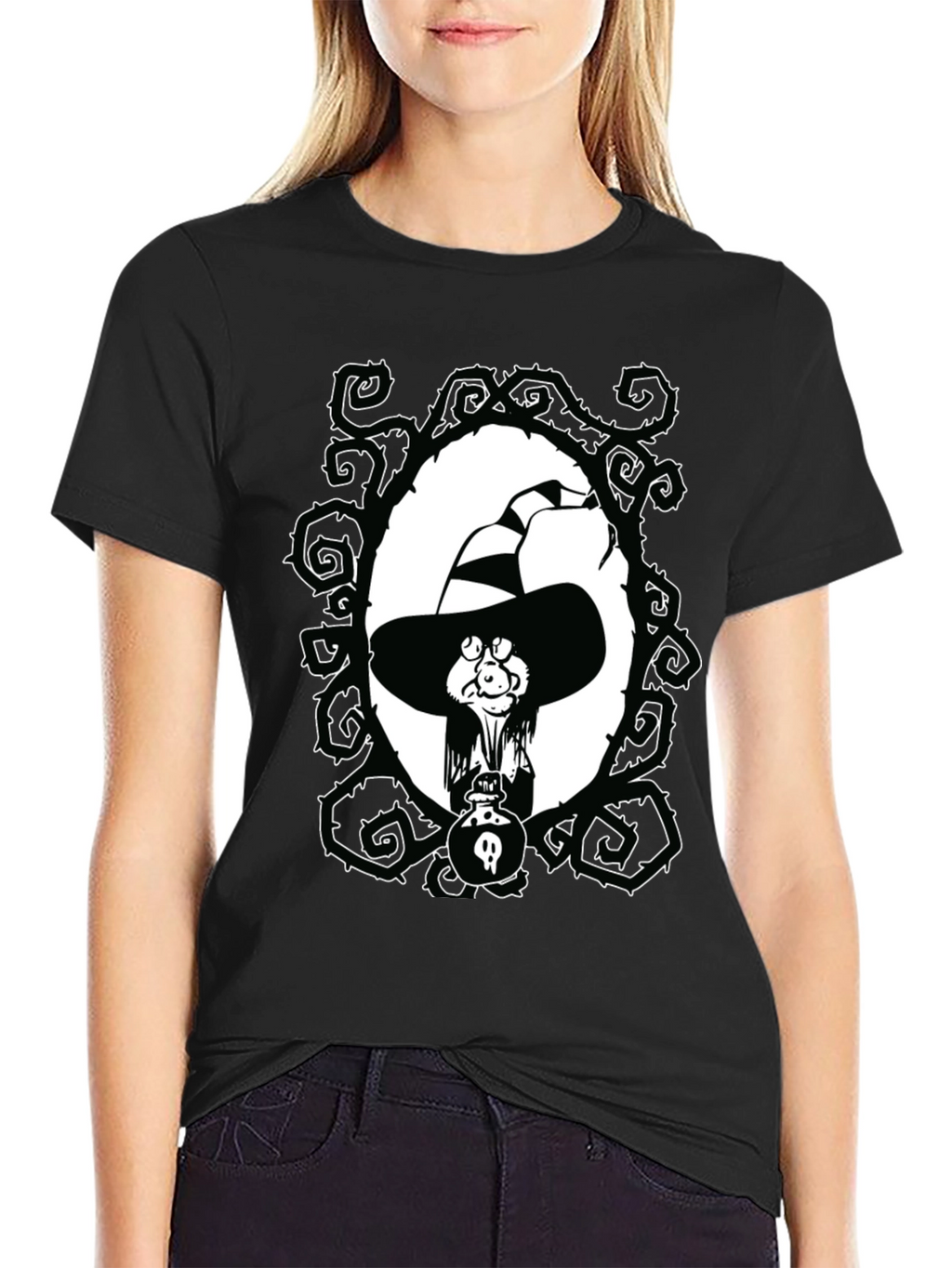 Witch Cartoon Graphic Black T-Shirt
