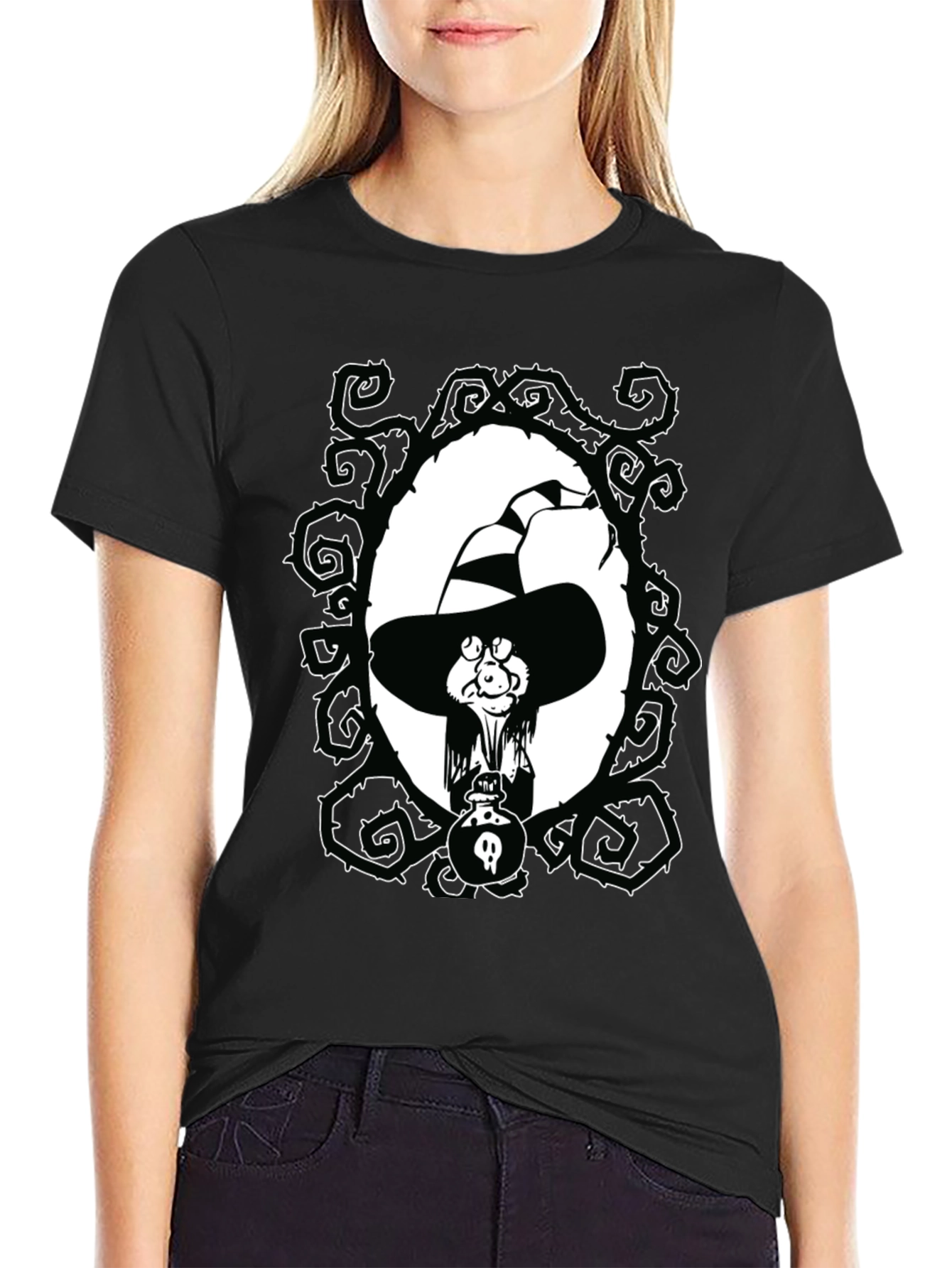 Witch Cartoon Graphic Black T-Shirt