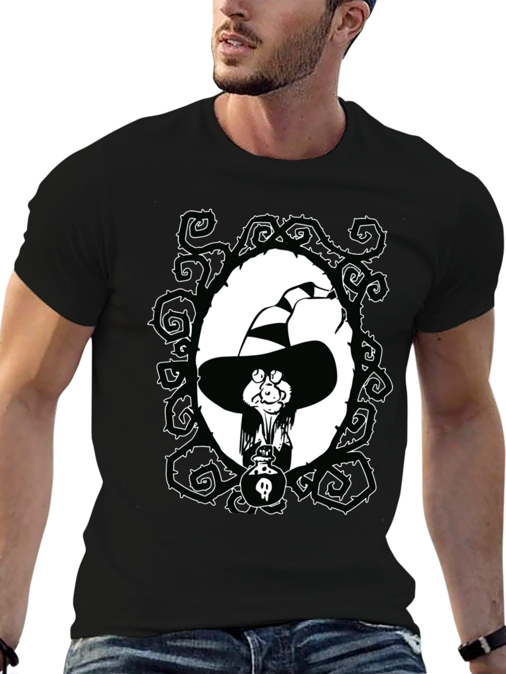 Witch Cartoon Graphic Black T-Shirt