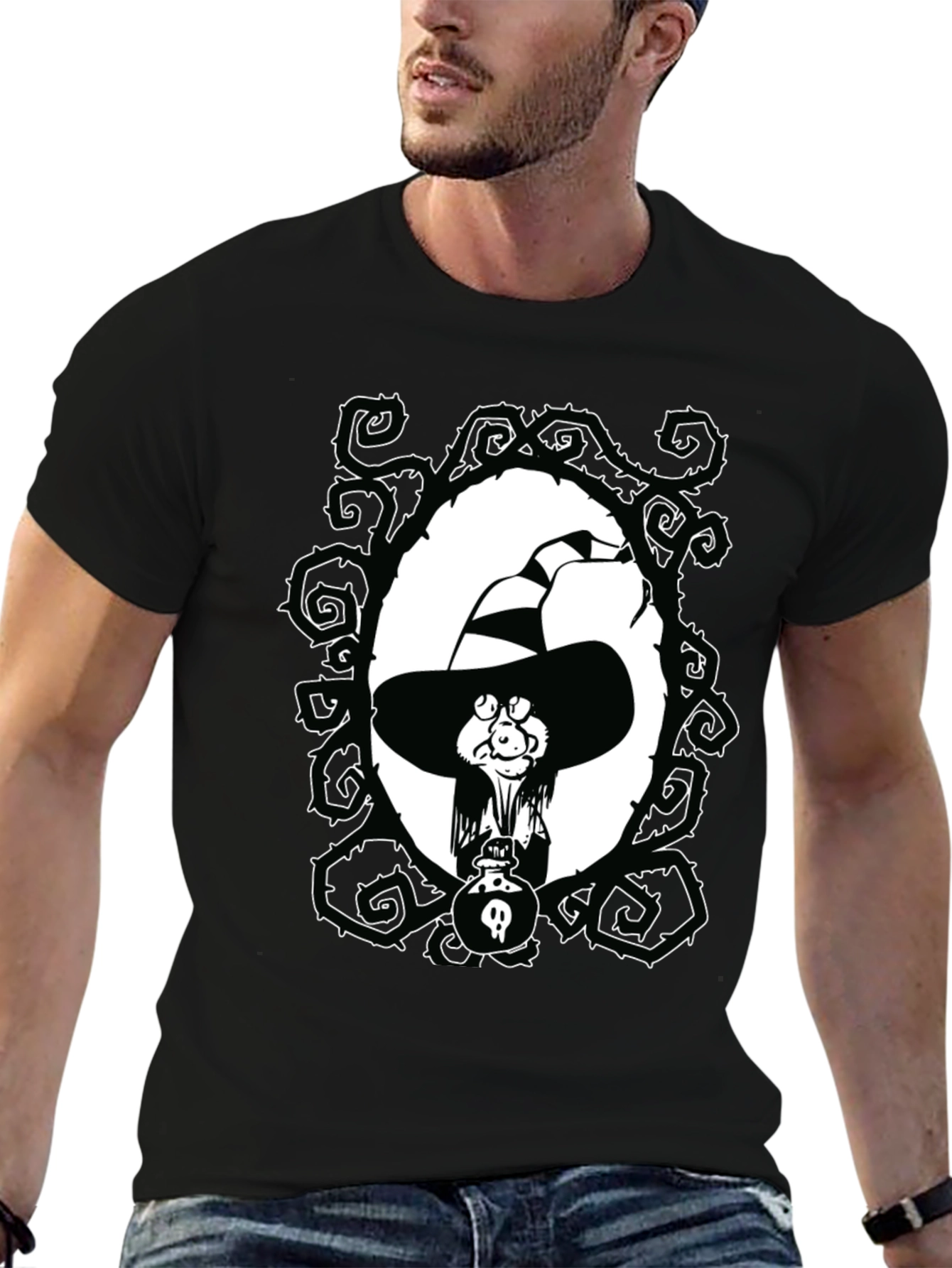 Witch Cartoon Graphic Black T-Shirt