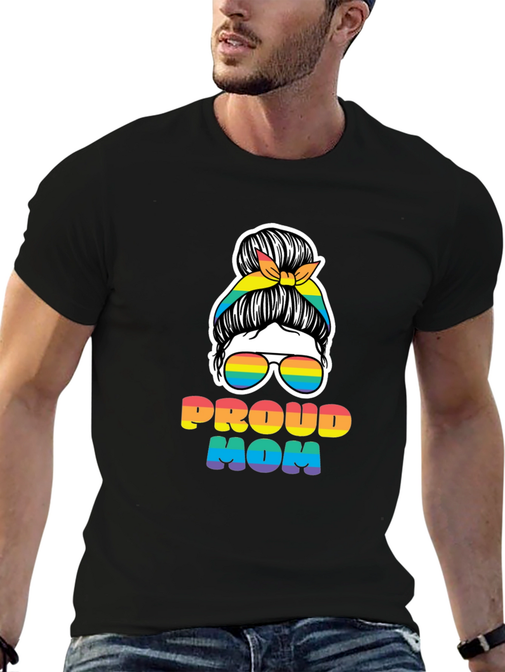 Proud Mom Rainbow Messy Bun T-Shirt