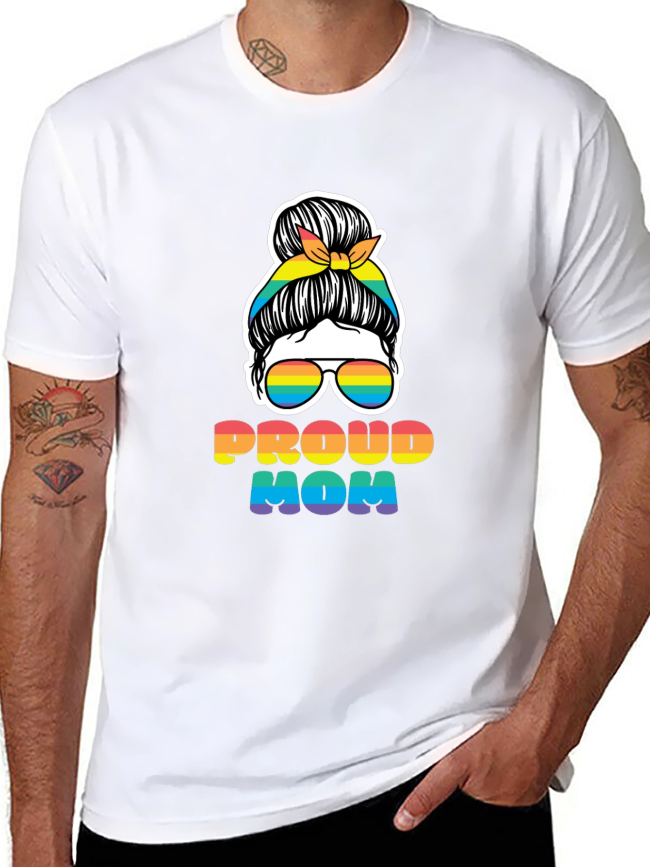 Proud Mom Rainbow Messy Bun T-Shirt