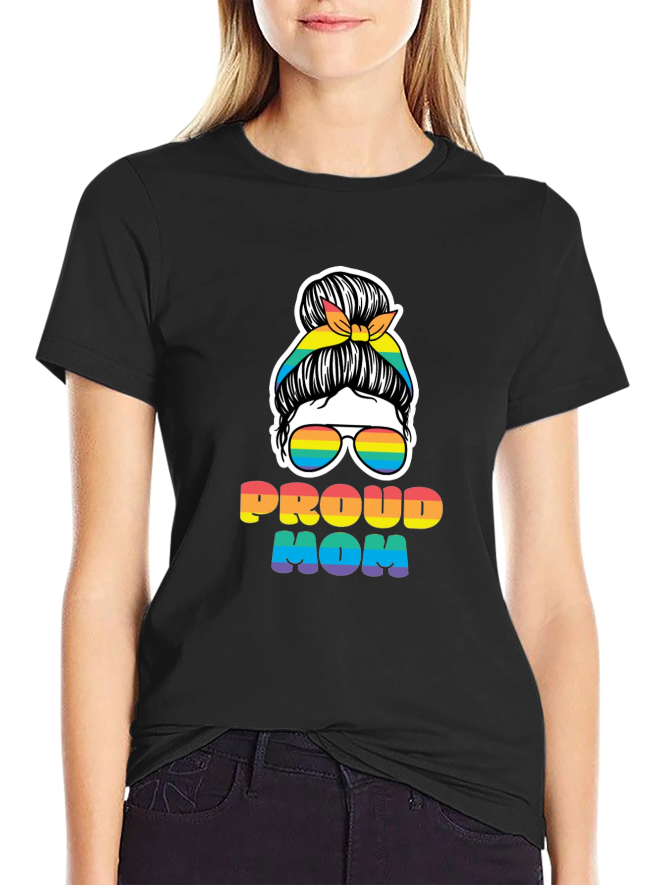 Proud Mom Rainbow Messy Bun T-Shirt