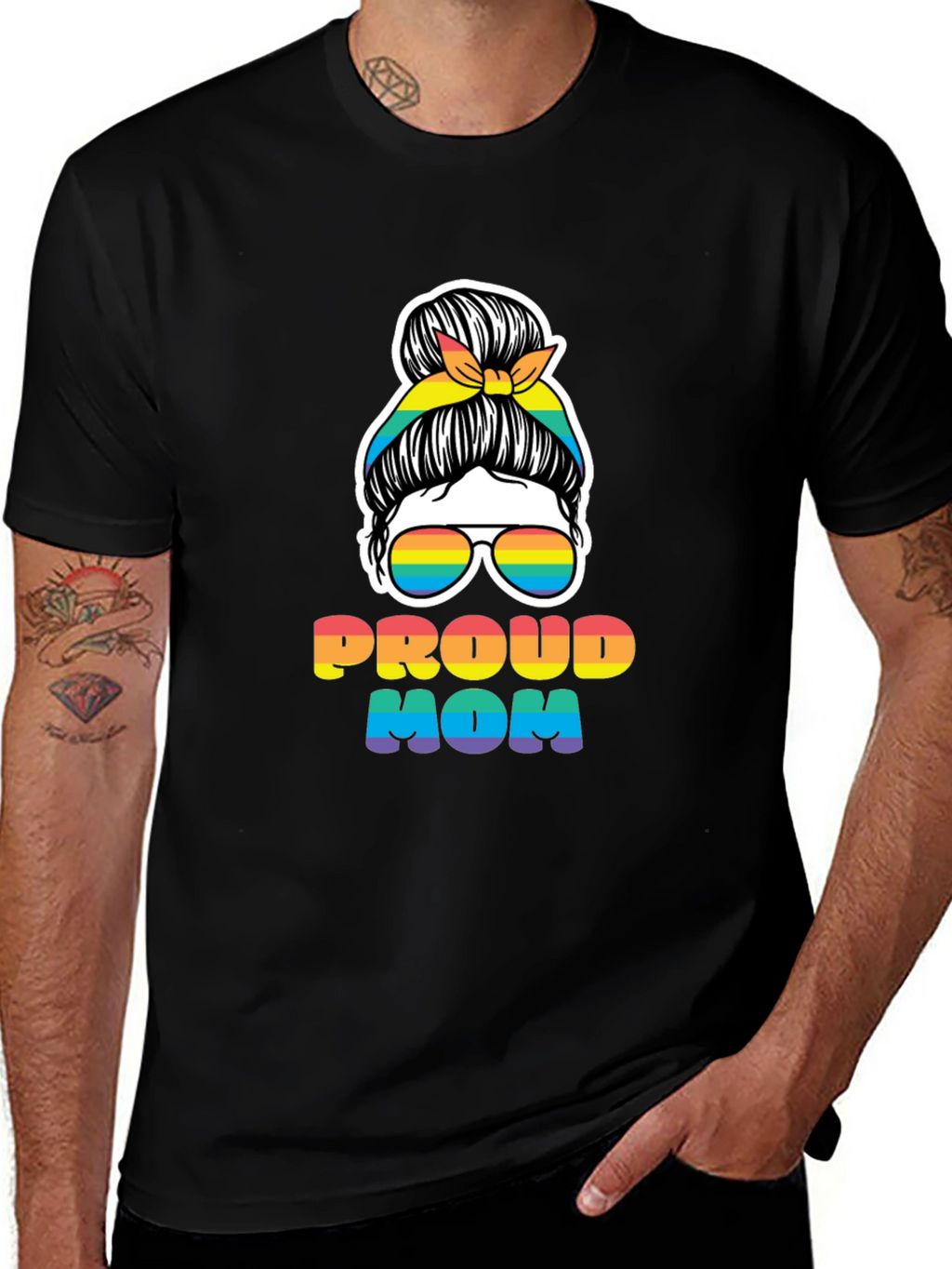 Proud Mom Rainbow Messy Bun T-Shirt