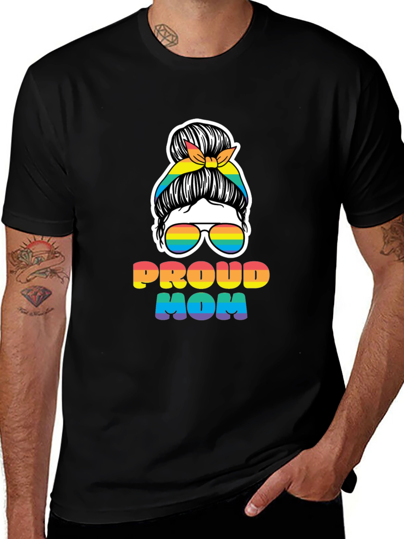 Proud Mom Rainbow Messy Bun T-Shirt