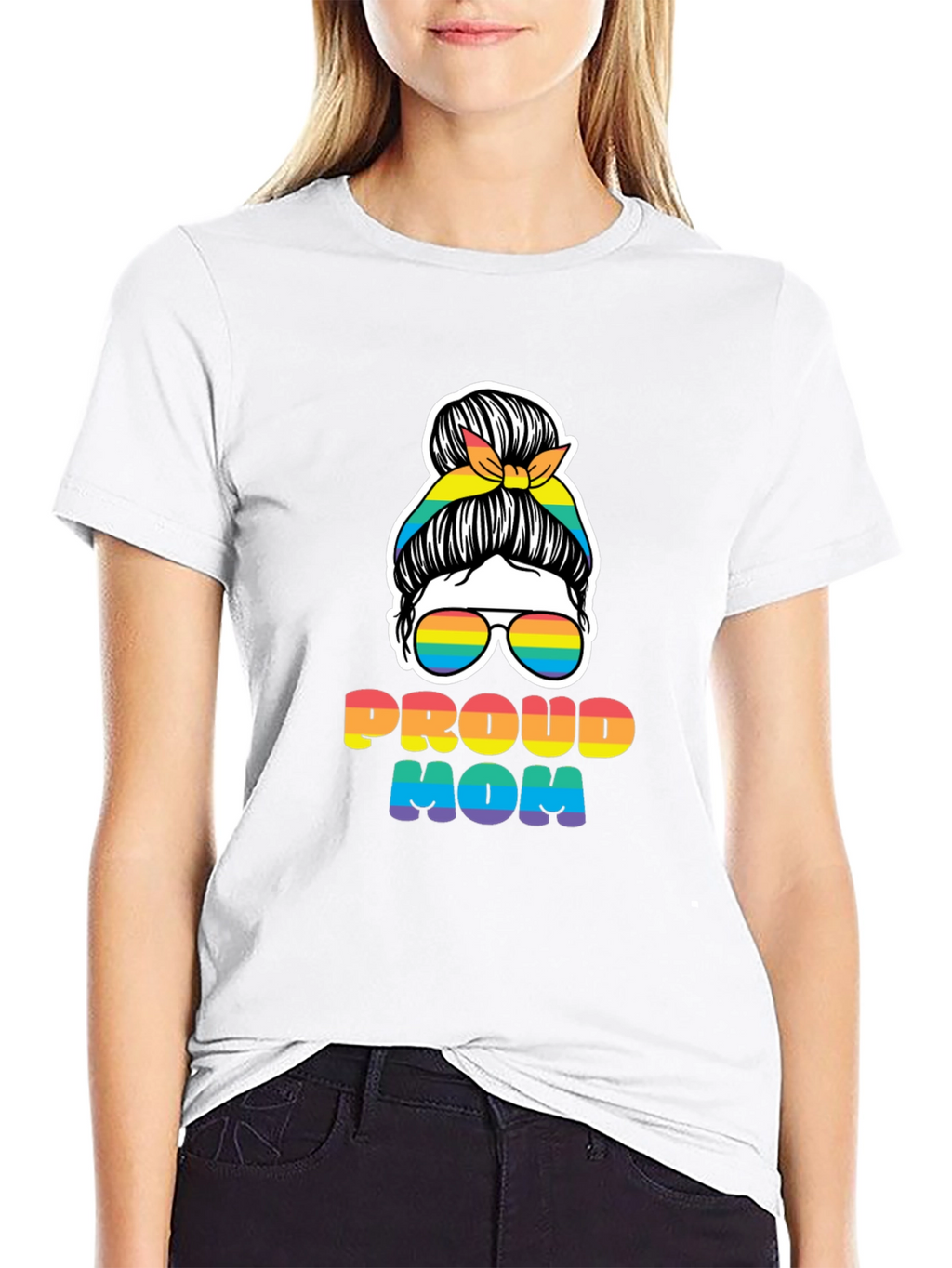 Proud Mom Rainbow Messy Bun T-Shirt
