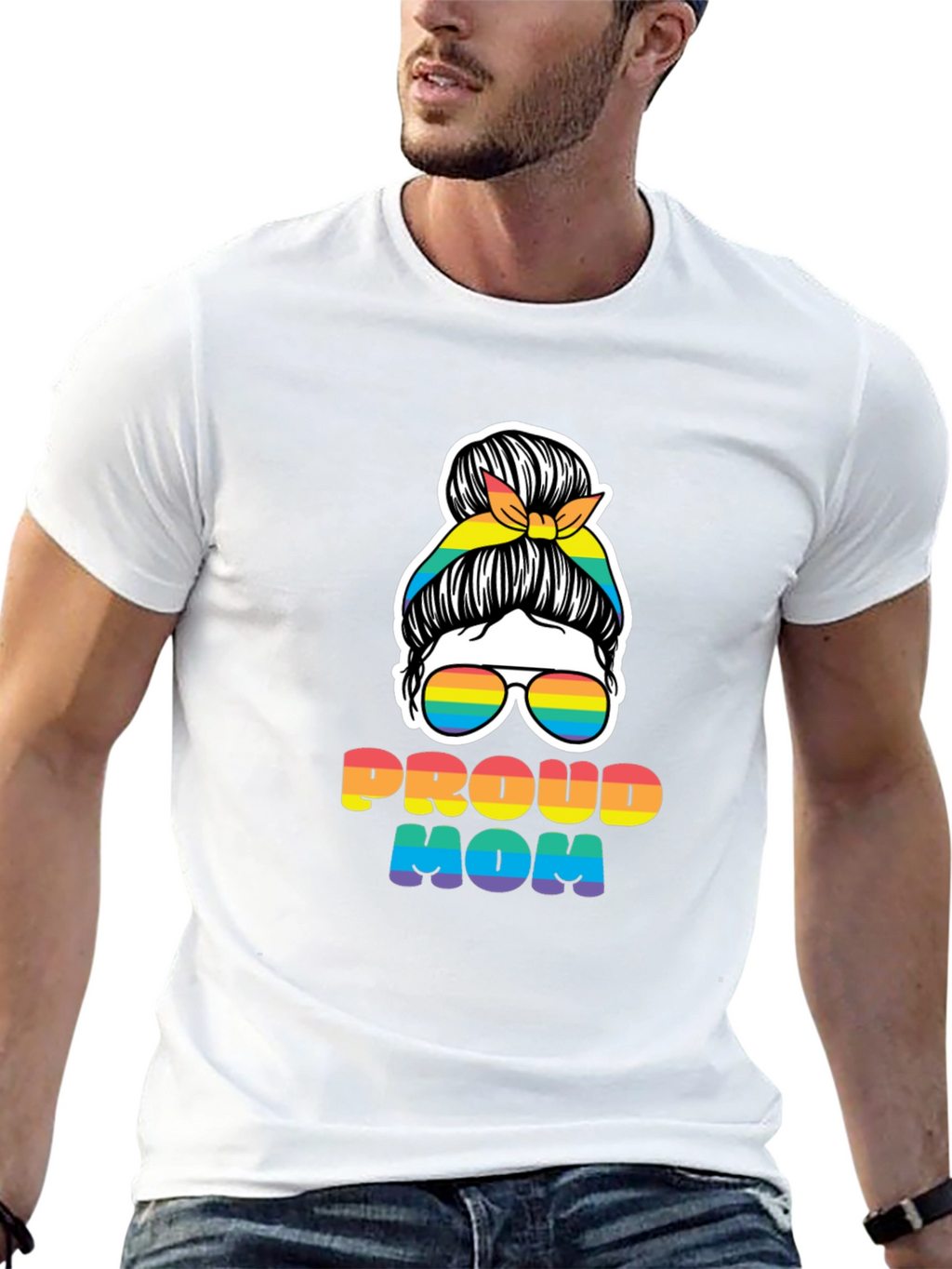 Proud Mom Rainbow Messy Bun T-Shirt