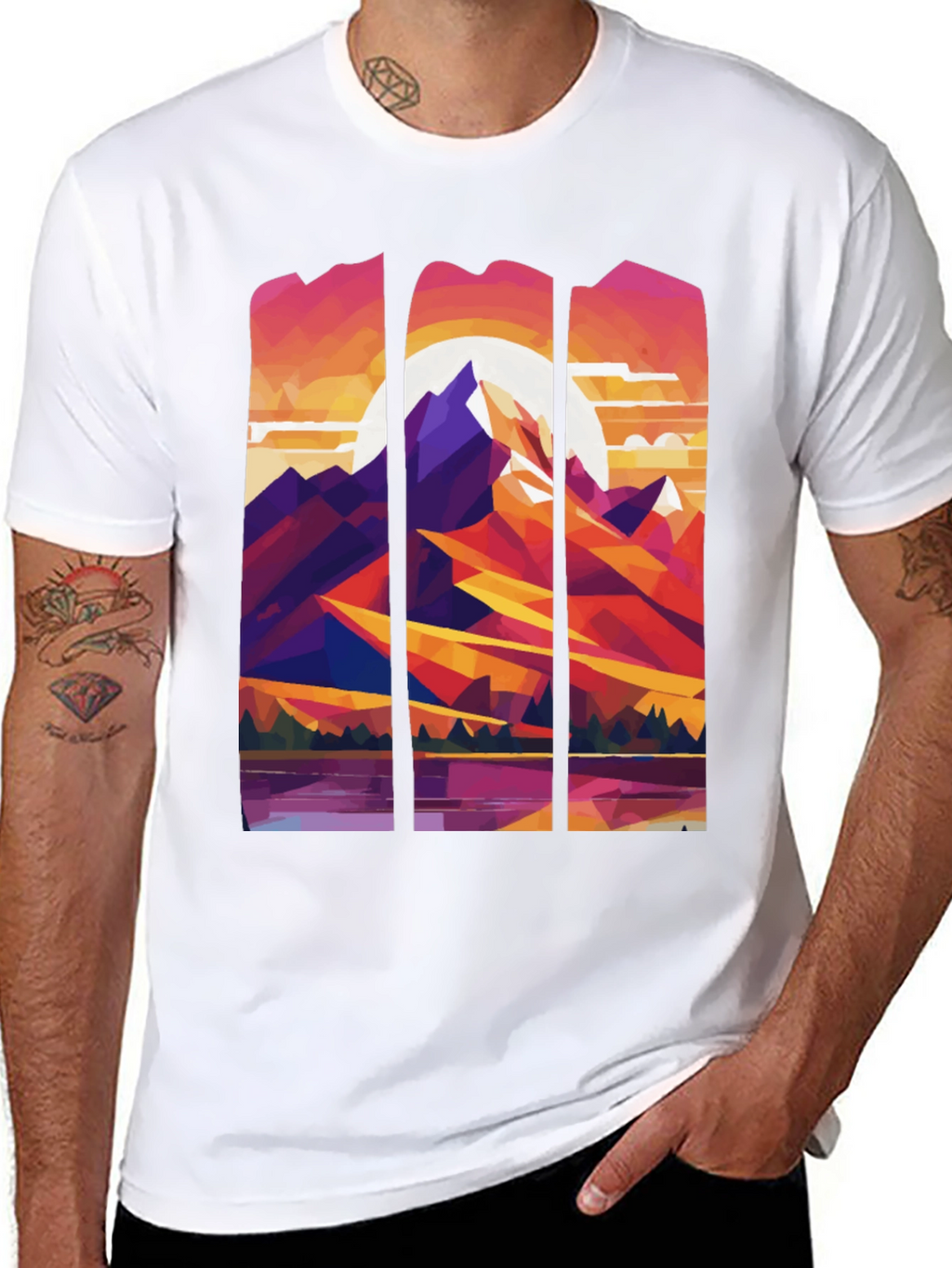 Abstract Geometric Mountain Graphic Tee - Black