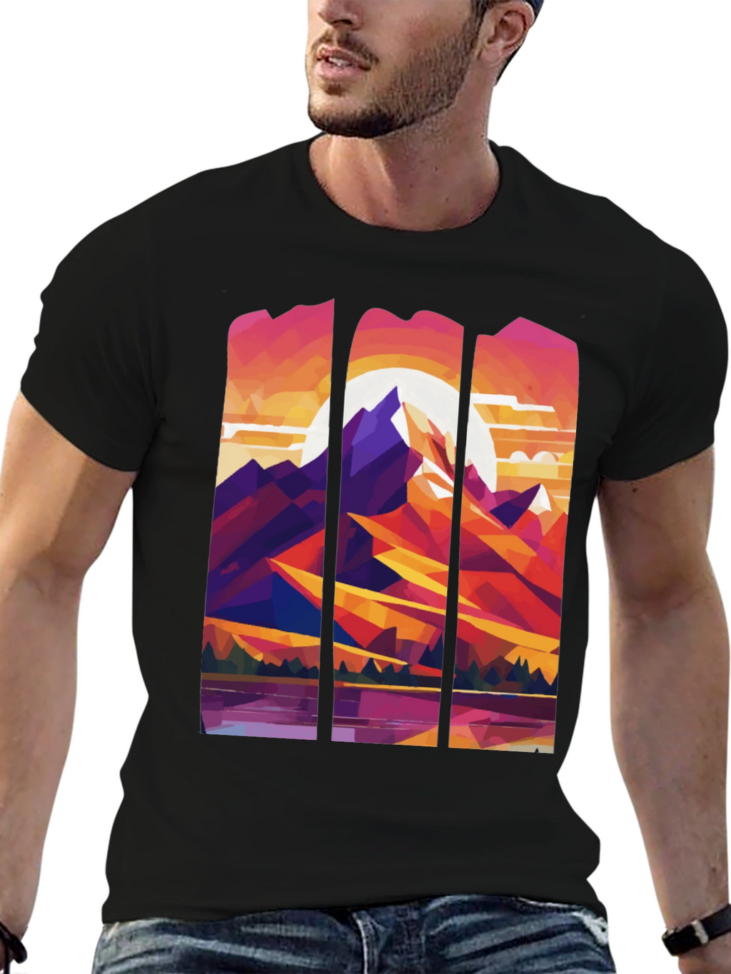Abstract Geometric Mountain Graphic Tee - Black