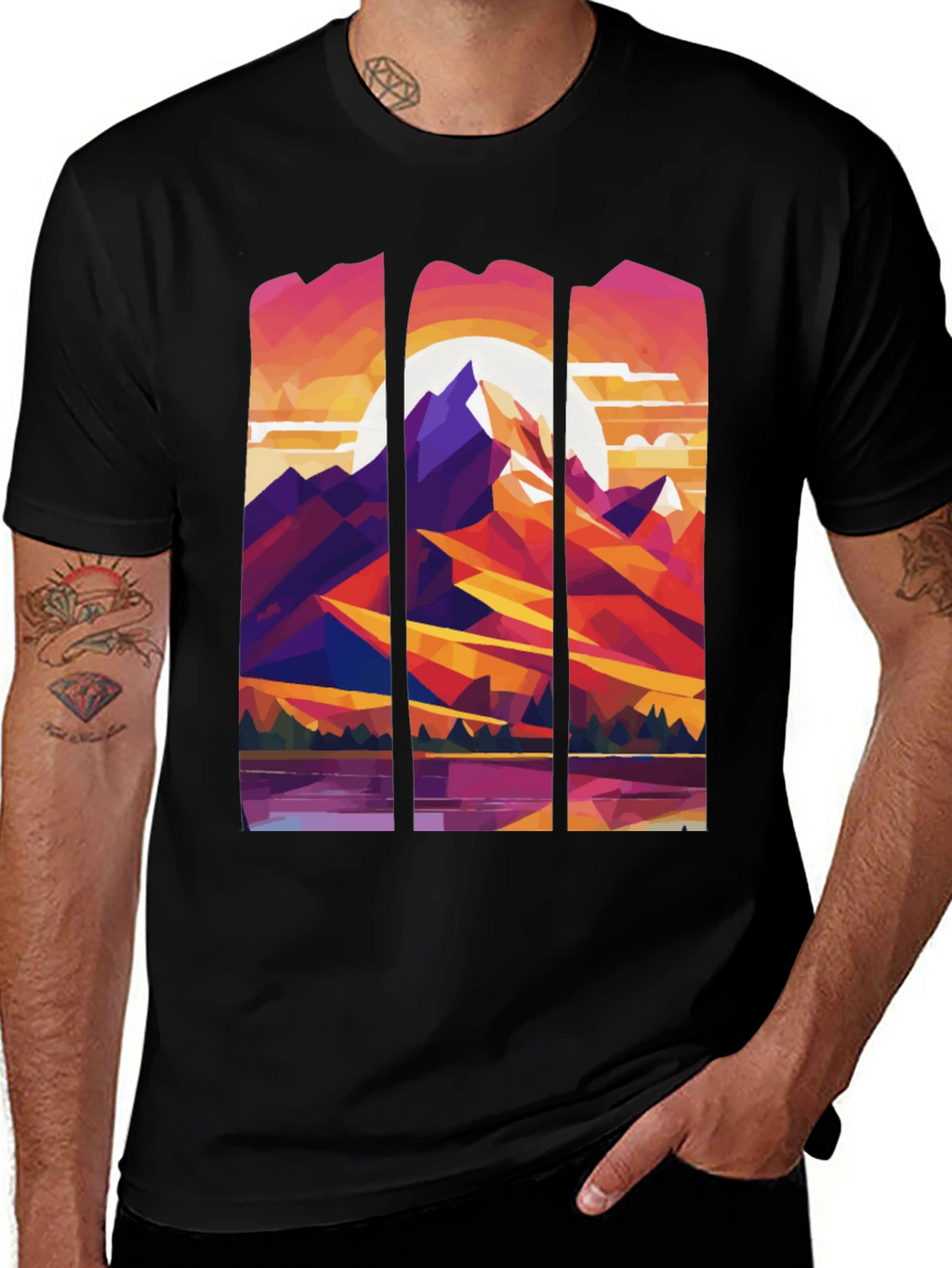 Abstract Geometric Mountain Graphic Tee - Black