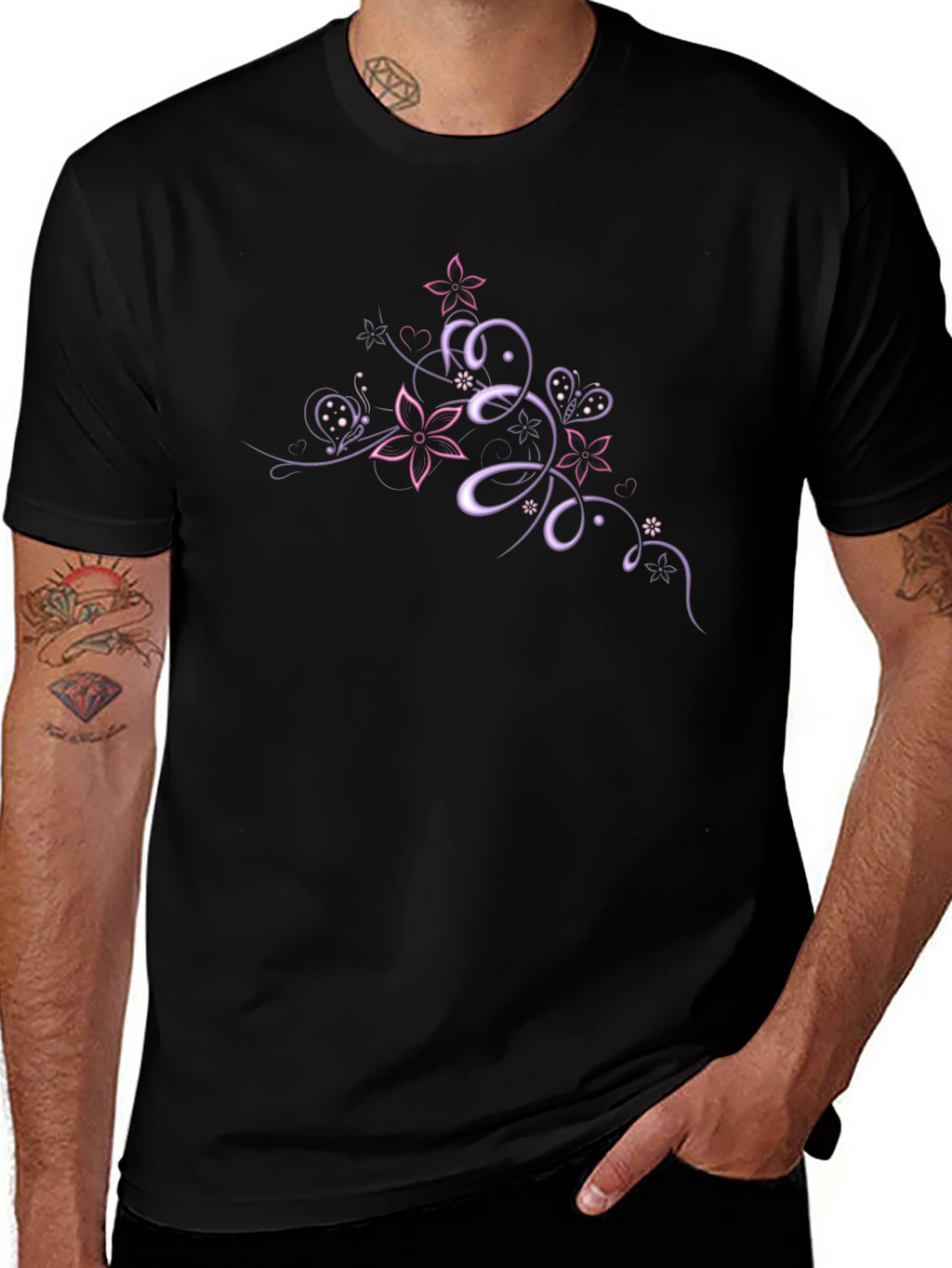 Floral Butterfly Swirl Graphic Tee - Black