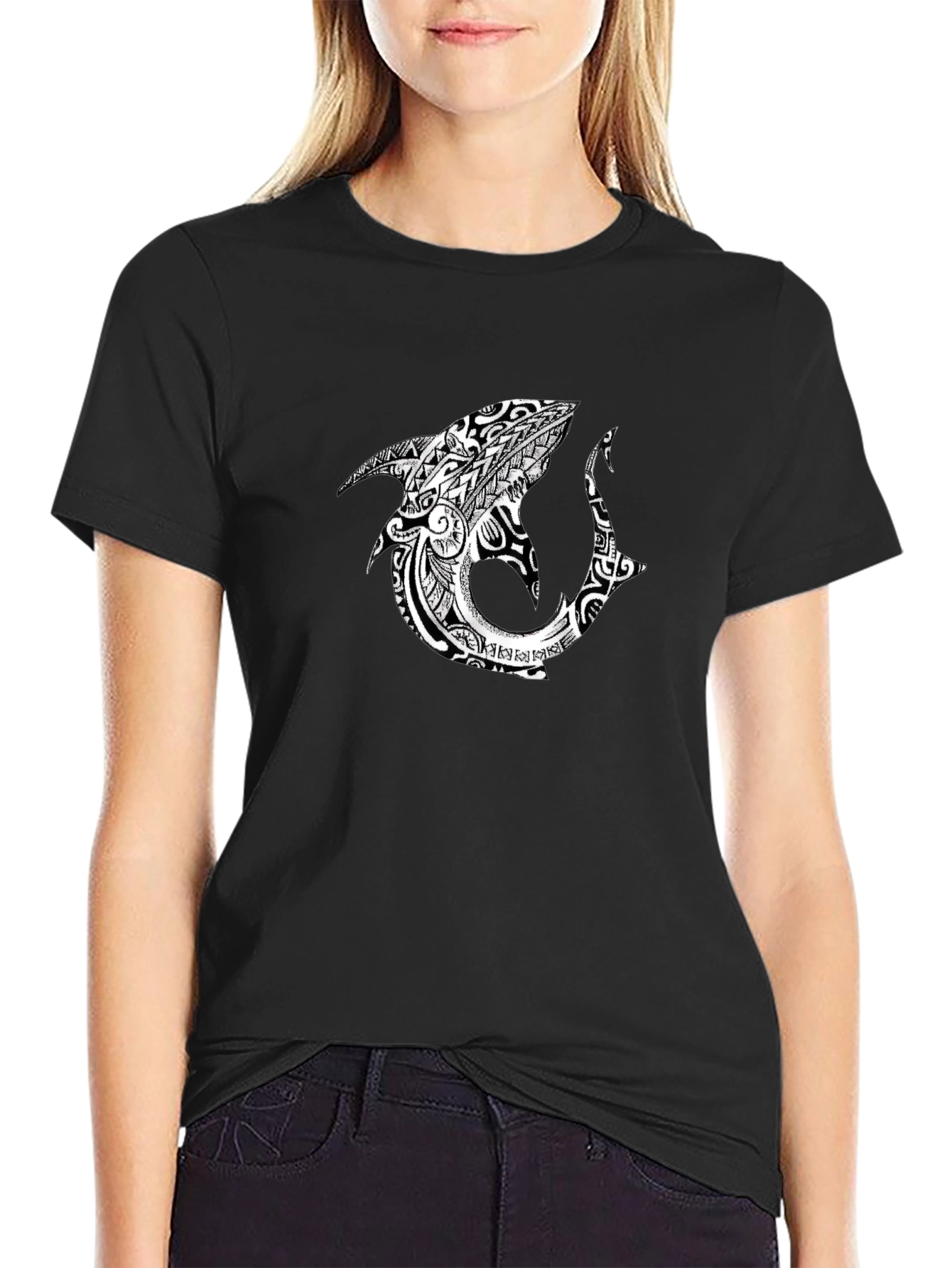 Tribal Shark Graphic Black T-Shirt