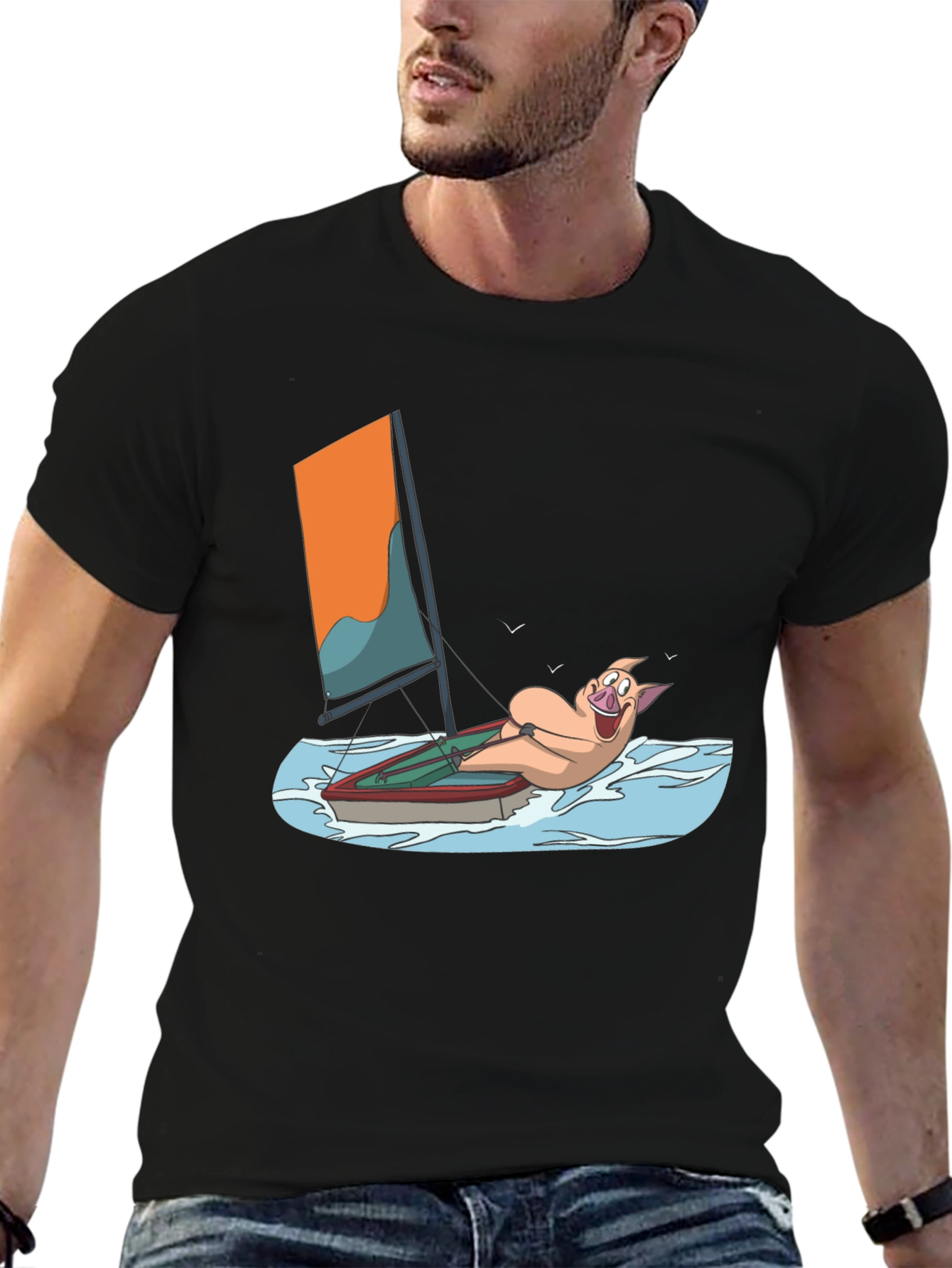 Funny Pig Sailing T-Shirt - Black Cotton Tee