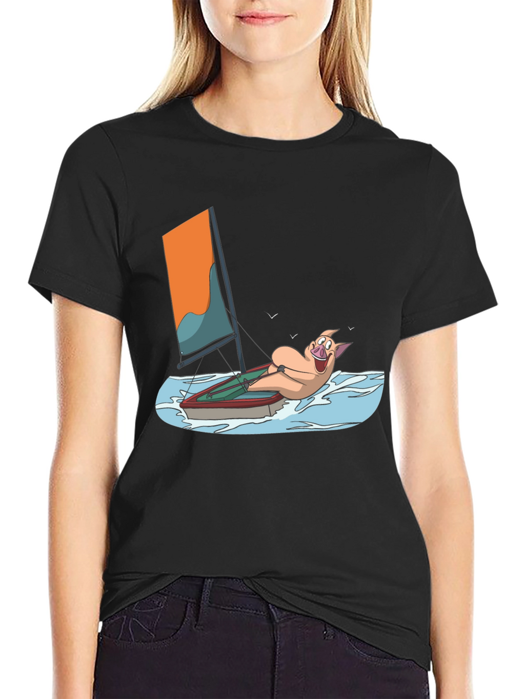 Funny Pig Sailing T-Shirt - Black Cotton Tee