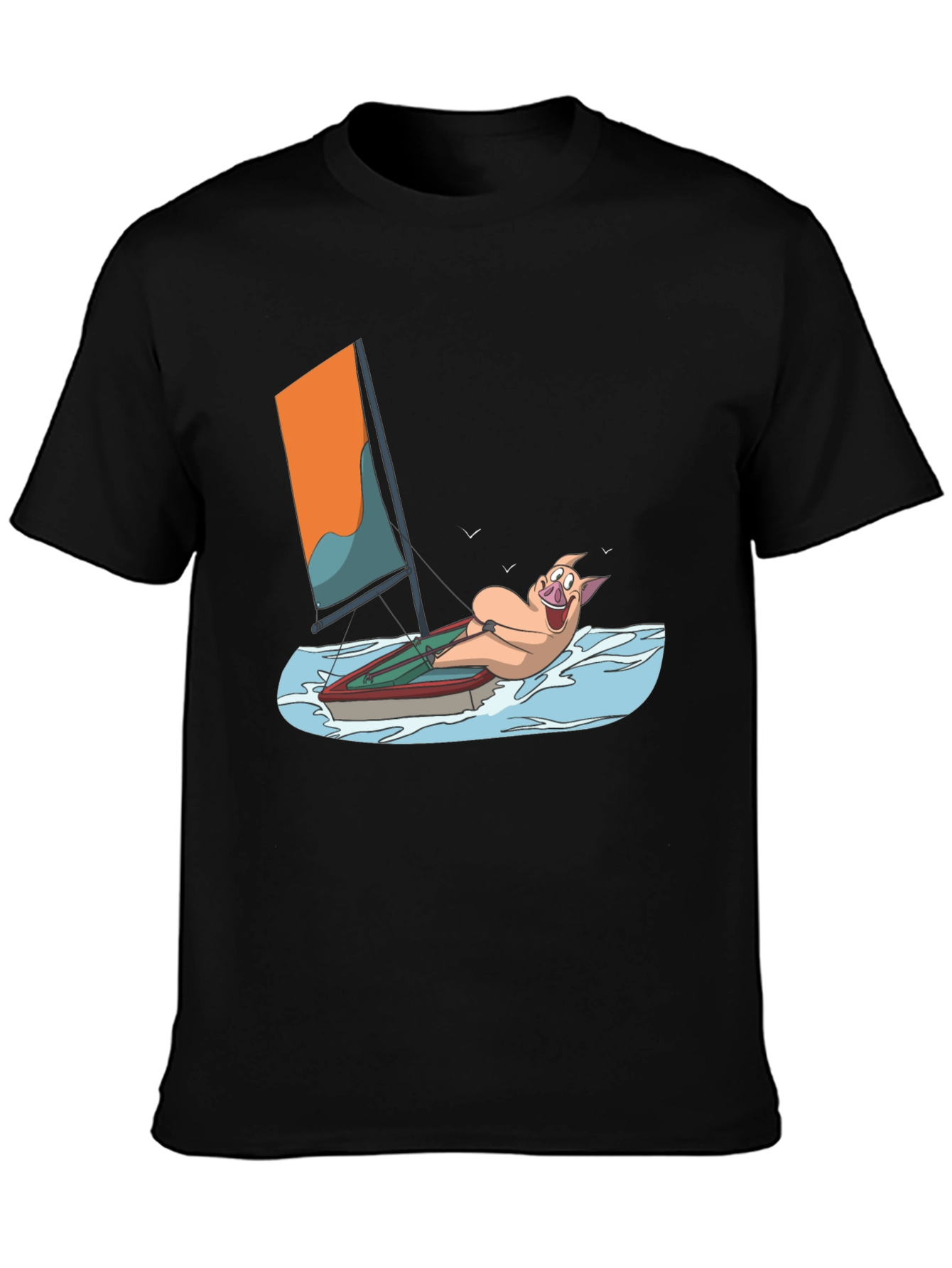 Funny Pig Sailing T-Shirt - Black Cotton Tee