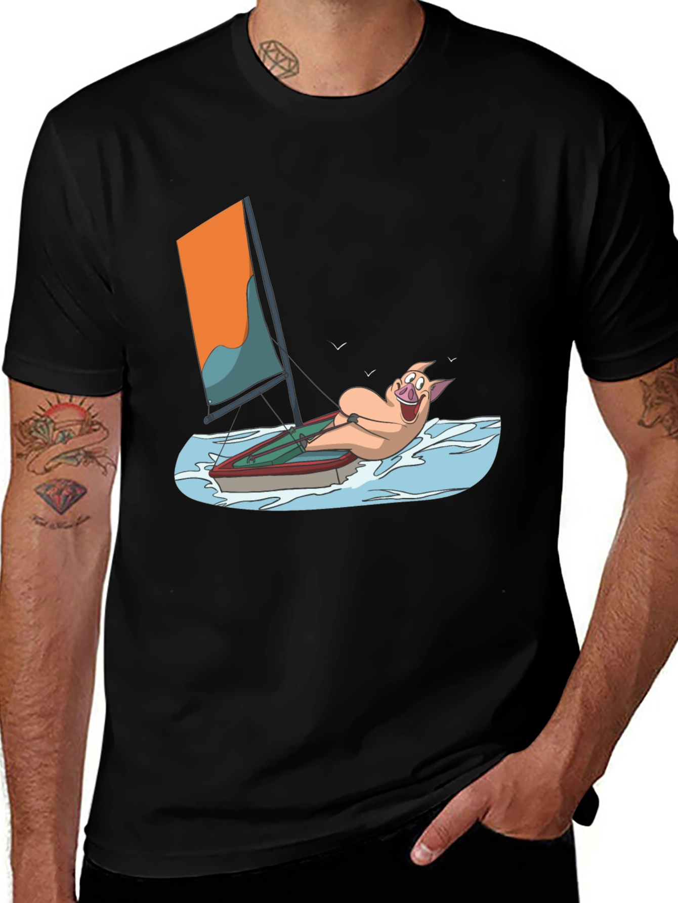 Funny Pig Sailing T-Shirt - Black Cotton Tee